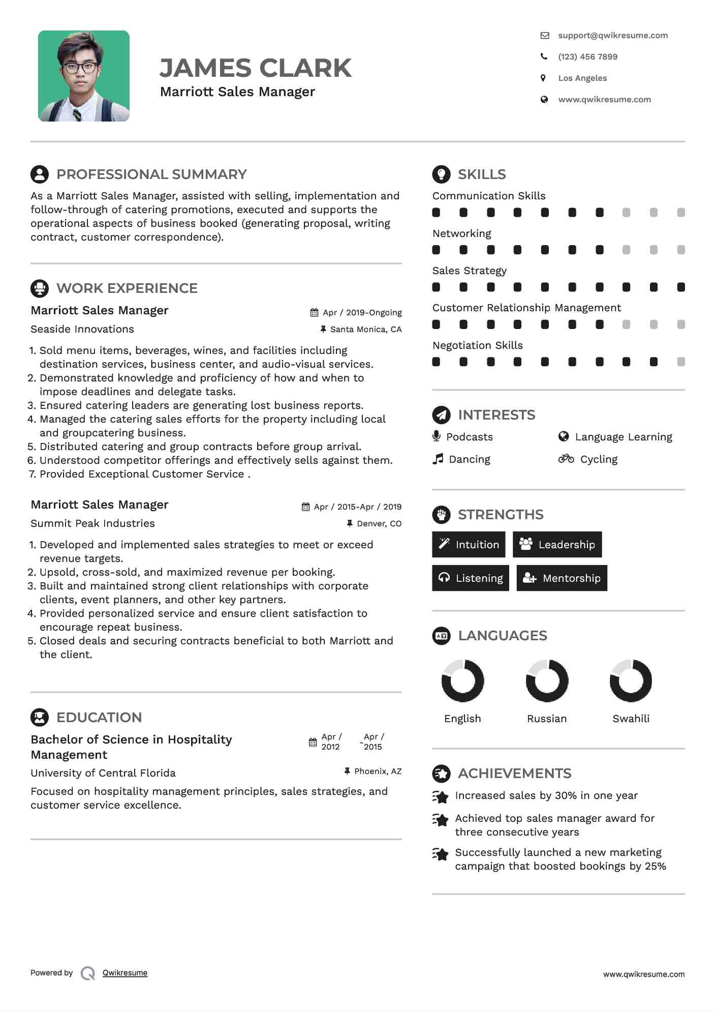 Marriott Sales Manager Resume Template