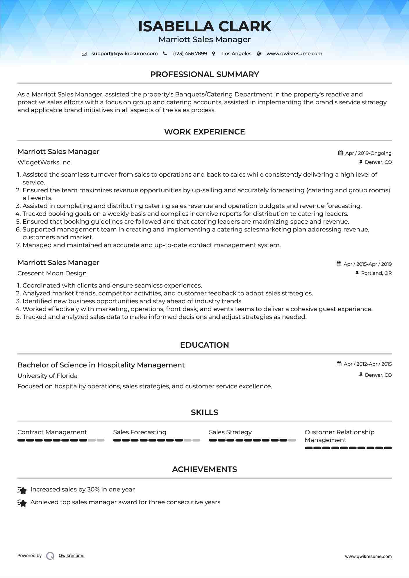 Marriott Sales Manager Resume Sample