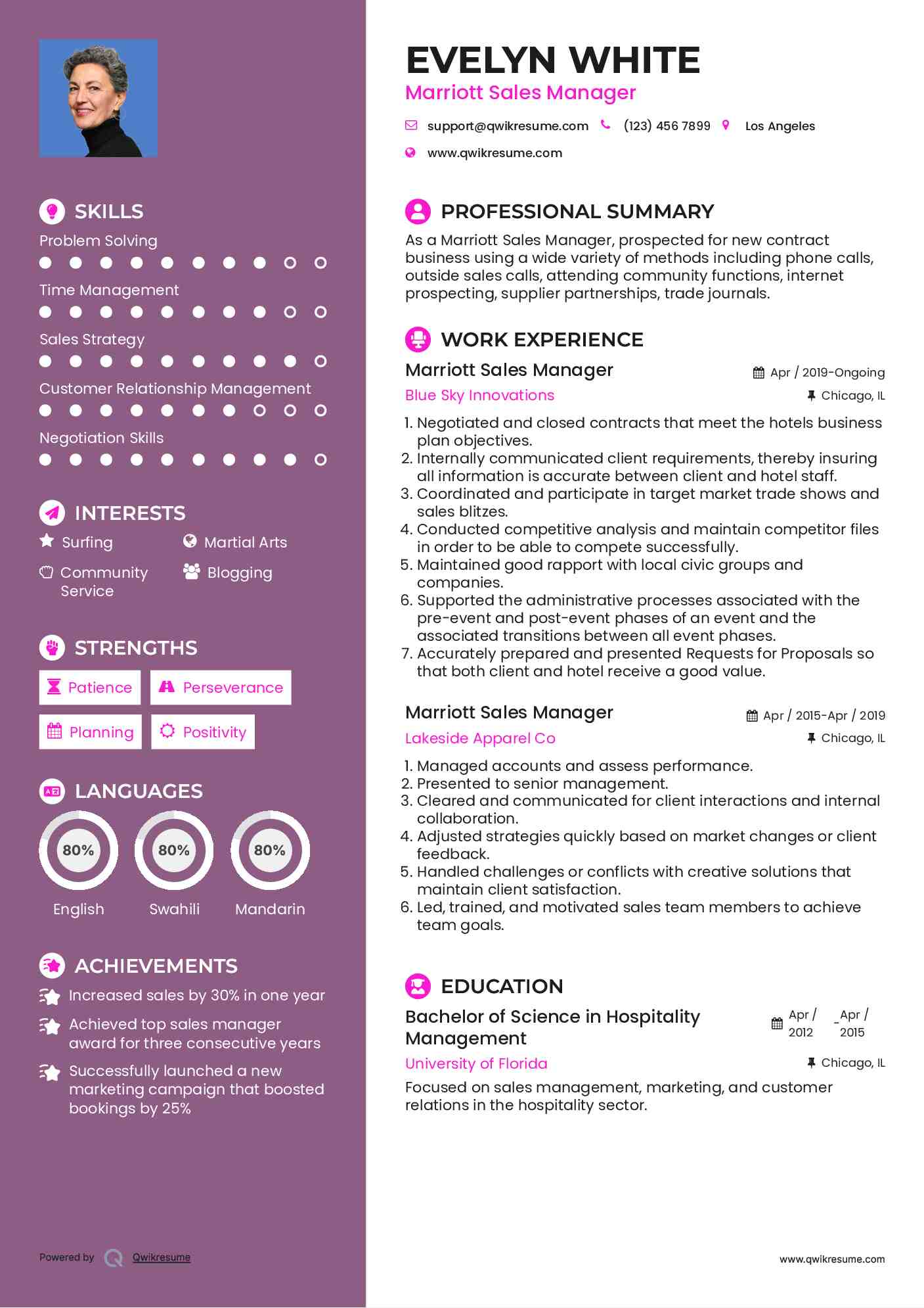 Marriott Sales Manager Resume Example