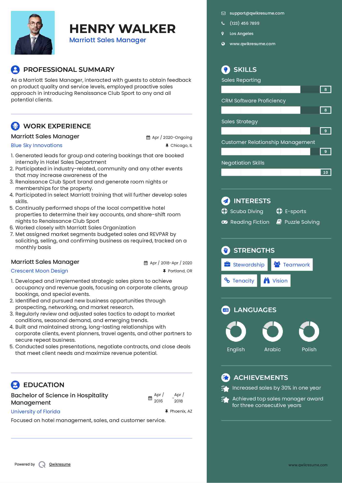 Marriott Sales Manager Resume Template