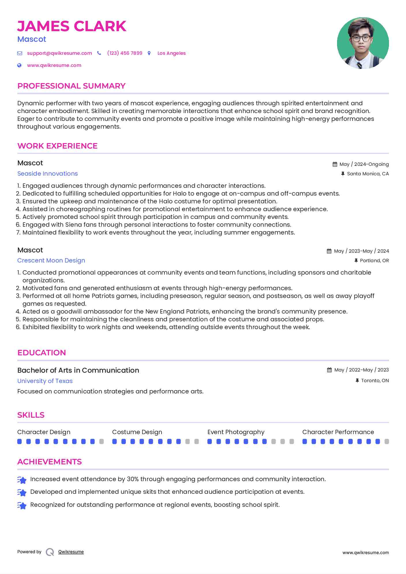 Mascot Resume Example
