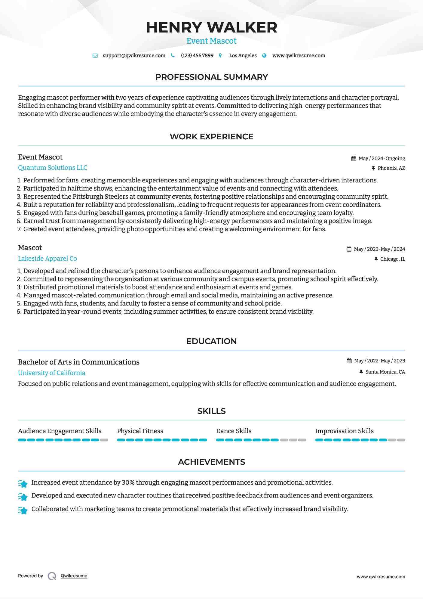 Event Mascot Resume Example
