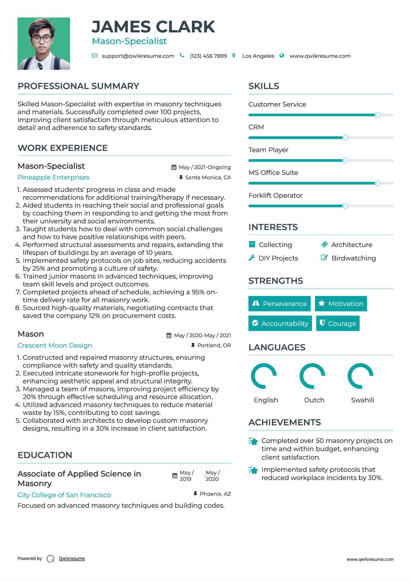 Mason Resume Samples QwikResume
