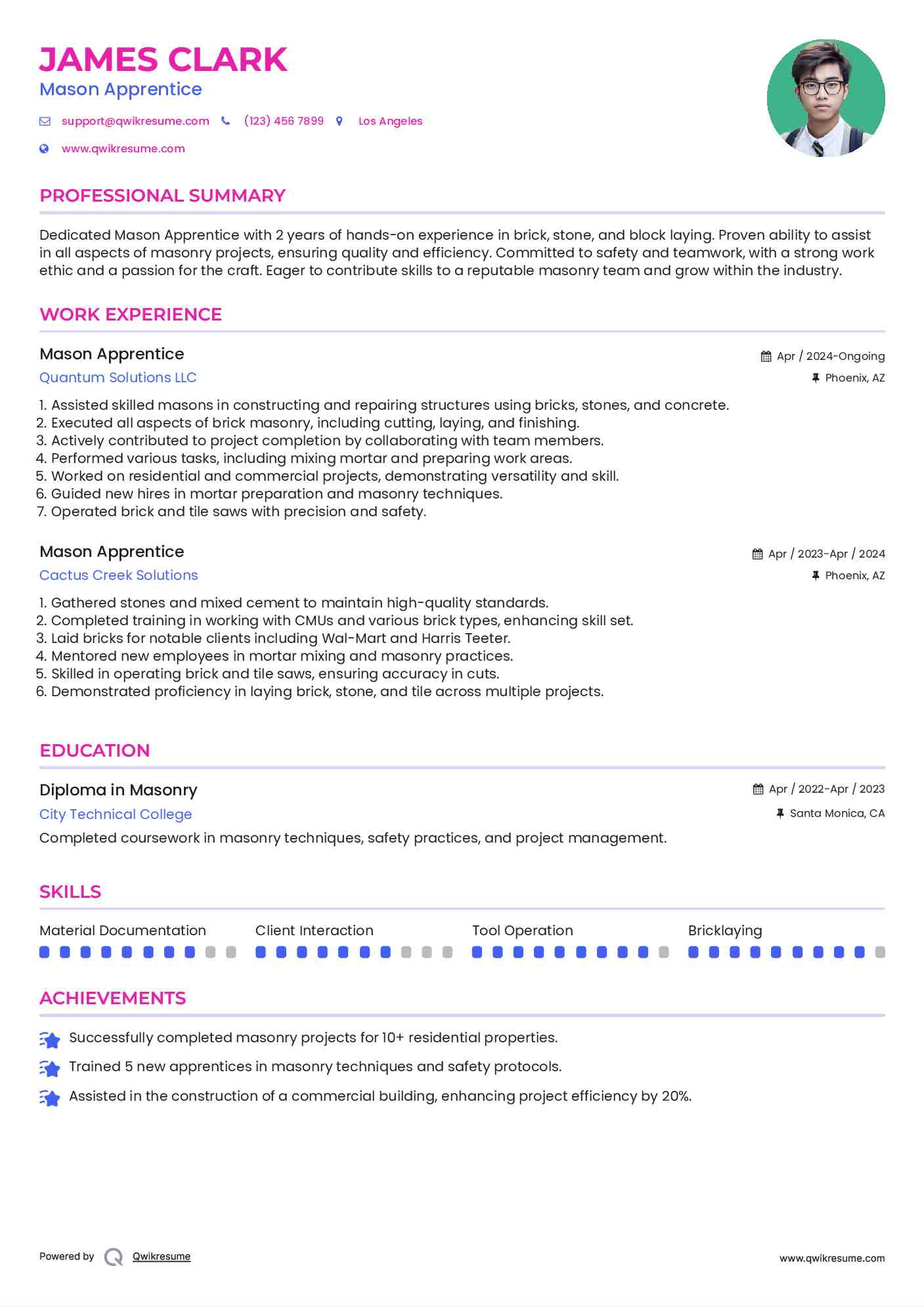 Mason Apprentice Resume Sample