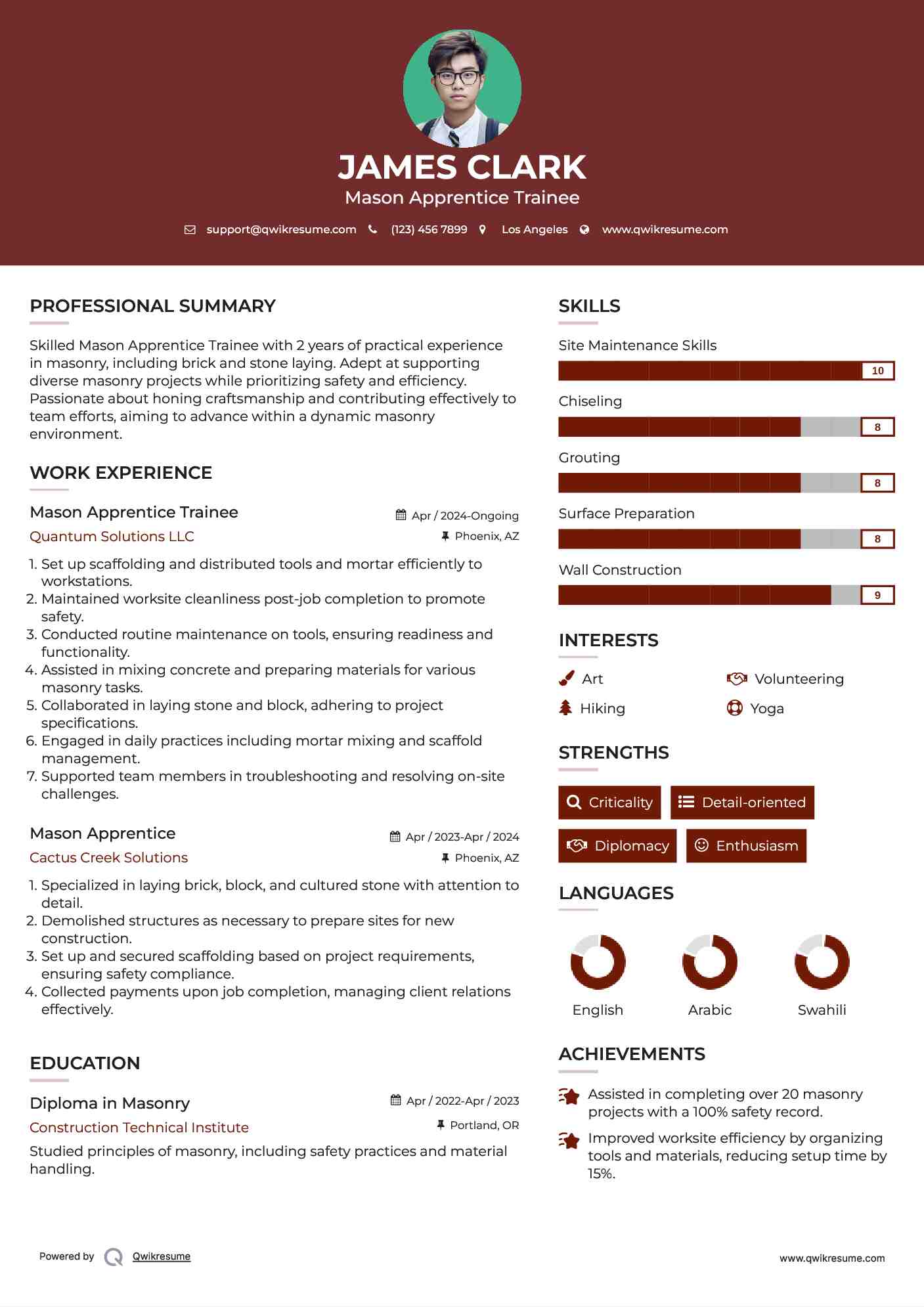 Mason Apprentice Trainee Resume Format