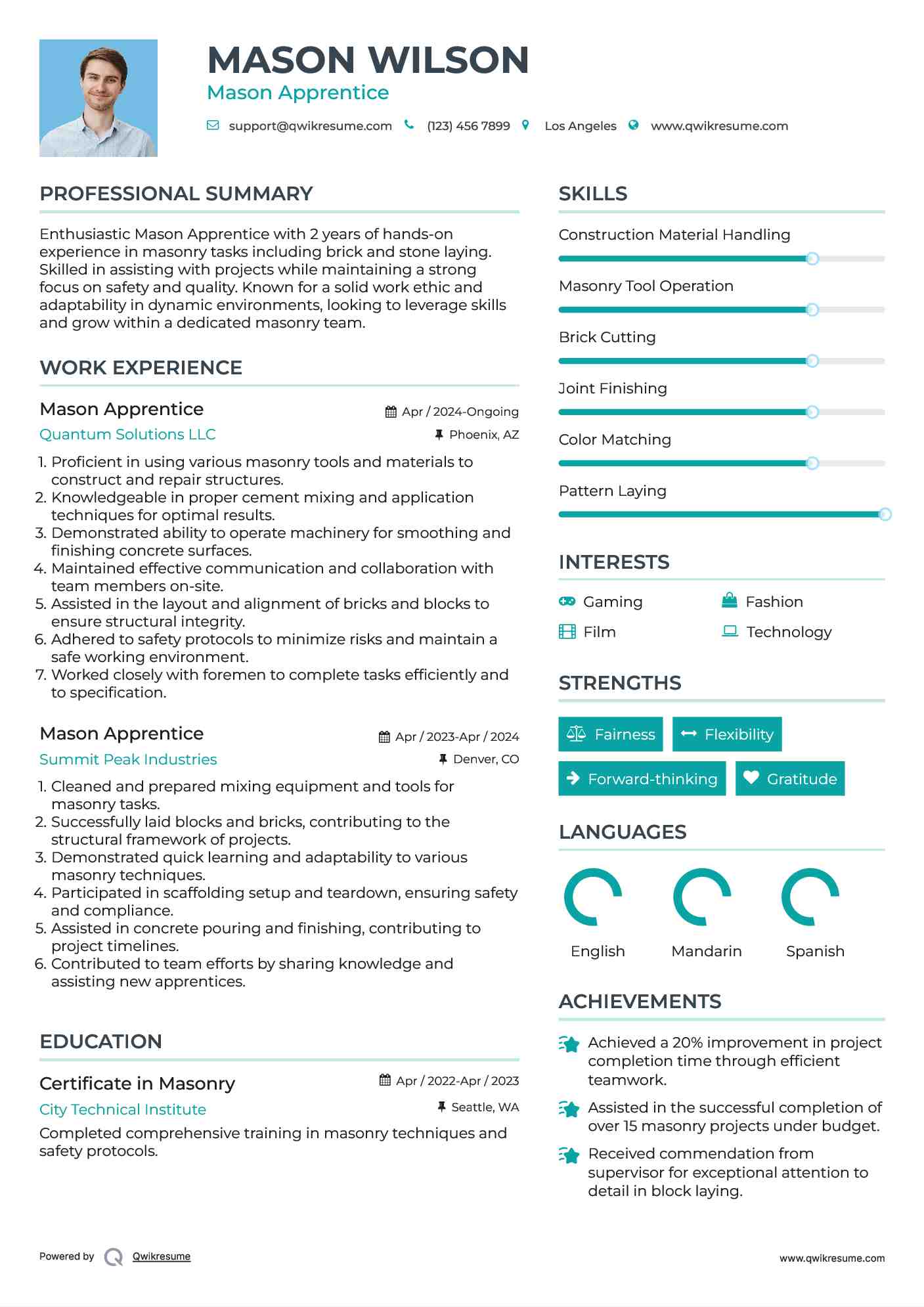 Mason Apprentice Resume Sample