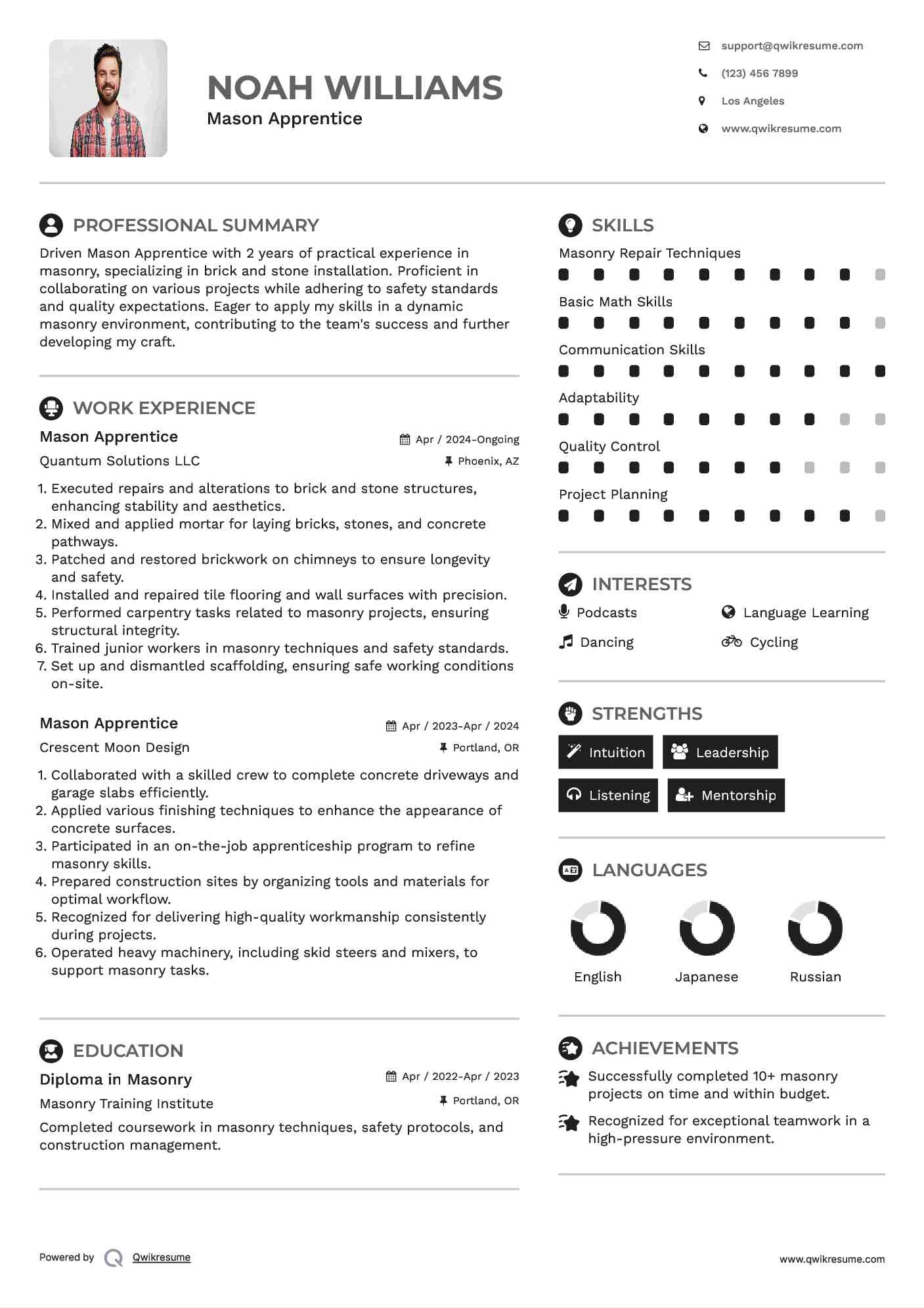 Mason Apprentice Resume Example