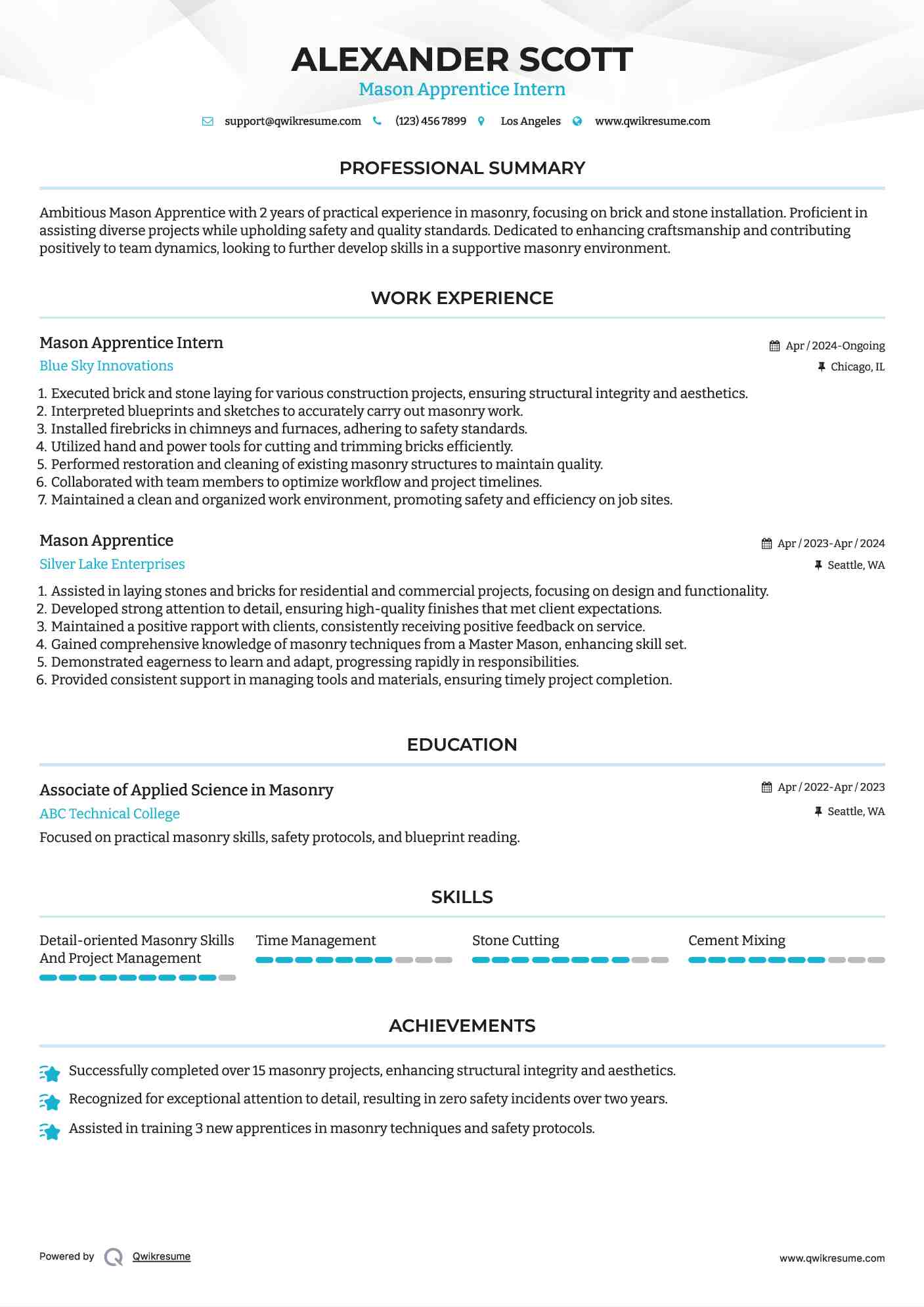 Mason Apprentice Intern Resume Template