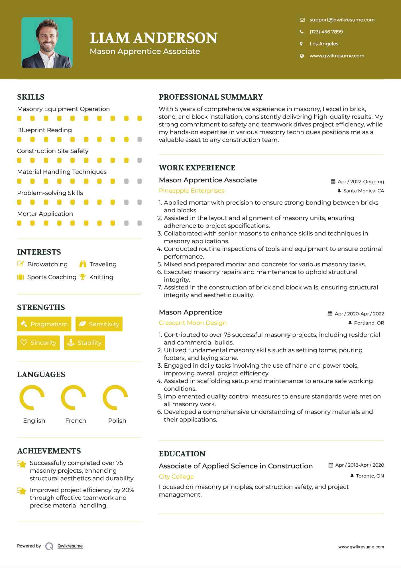 Mason Apprentice Associate Resume Model