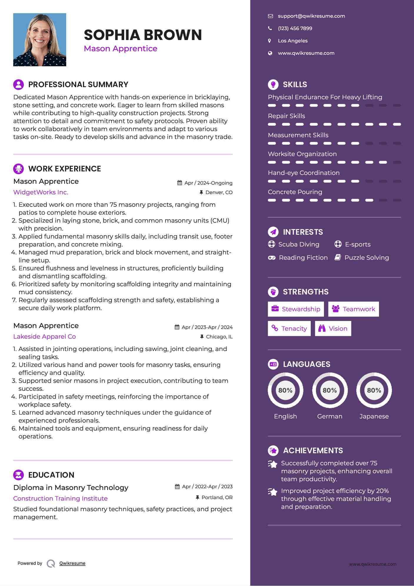 Mason Apprentice Resume Sample