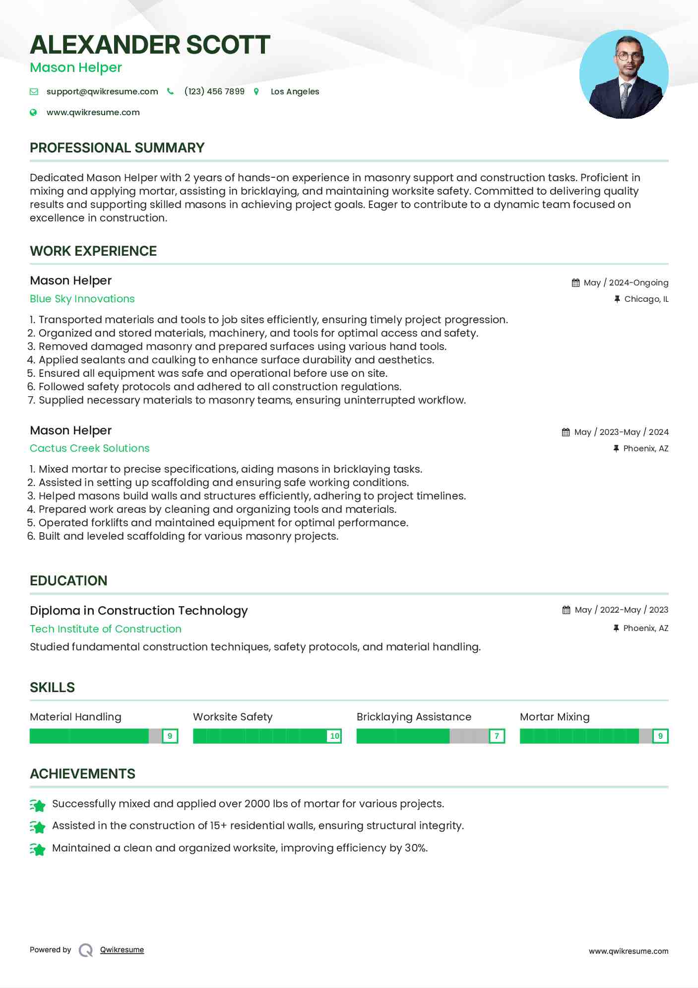 Mason Helper Resume Example