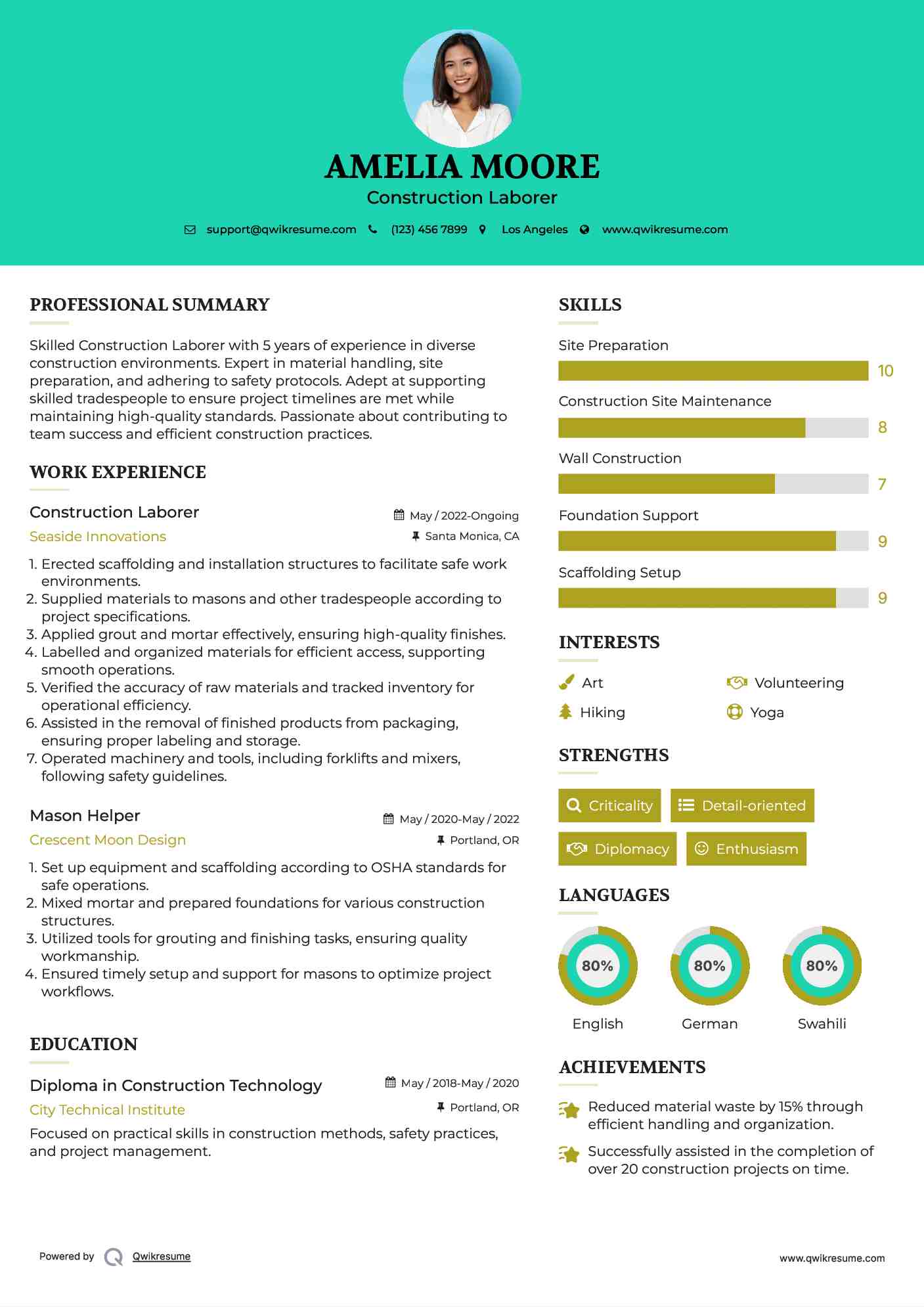 Construction Laborer Resume Example