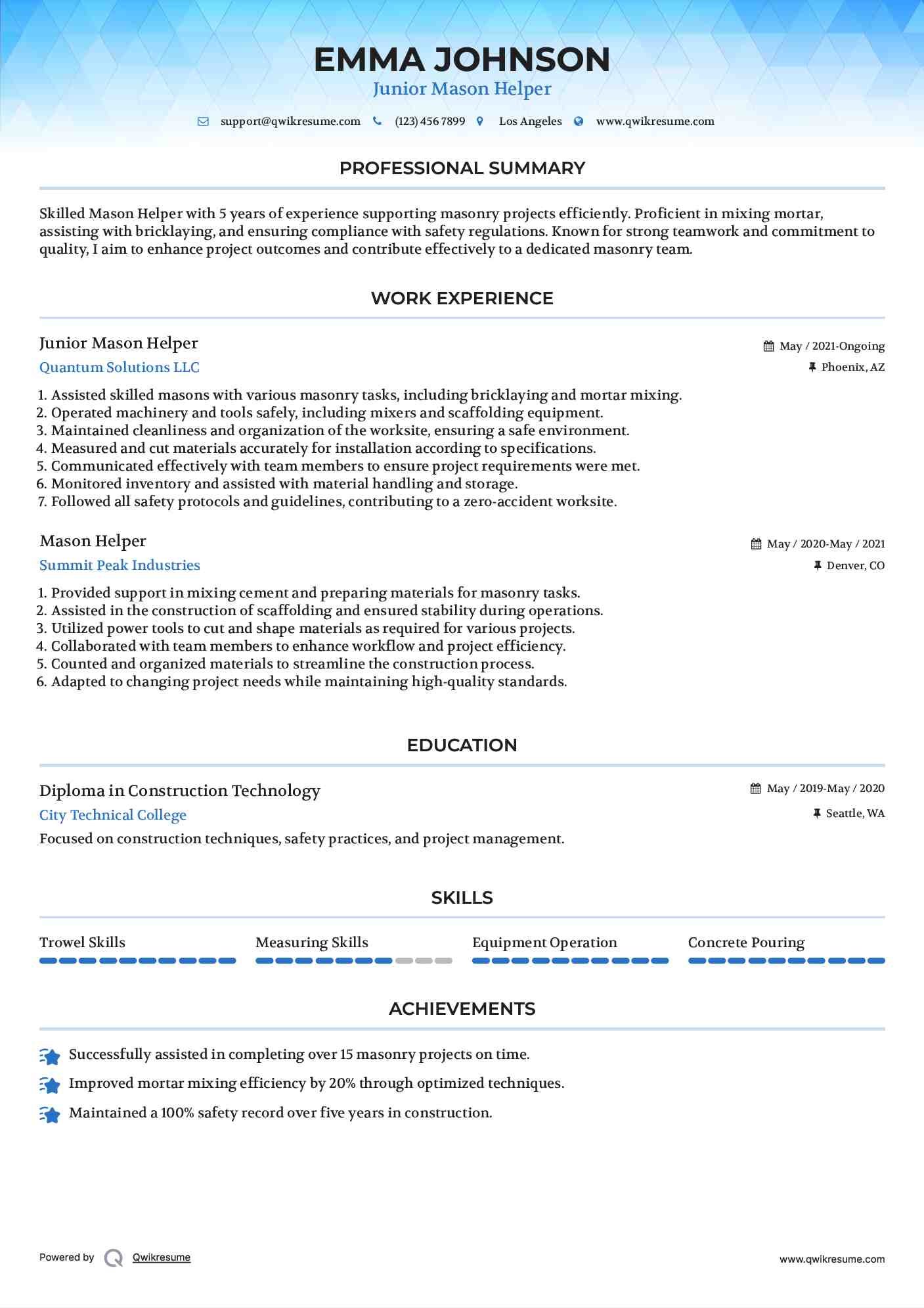 Junior Mason Helper Resume Sample