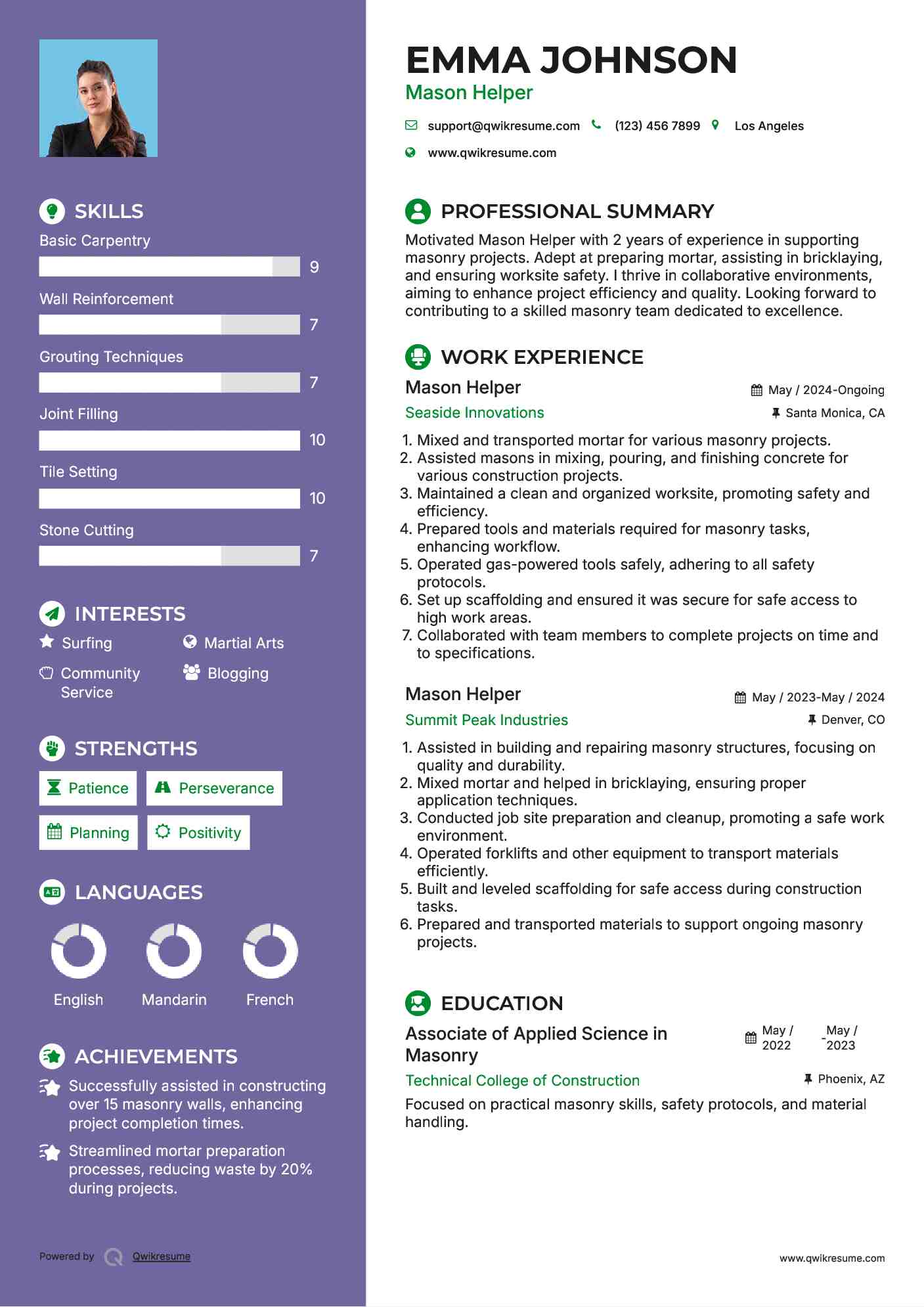 Mason Helper Resume Example