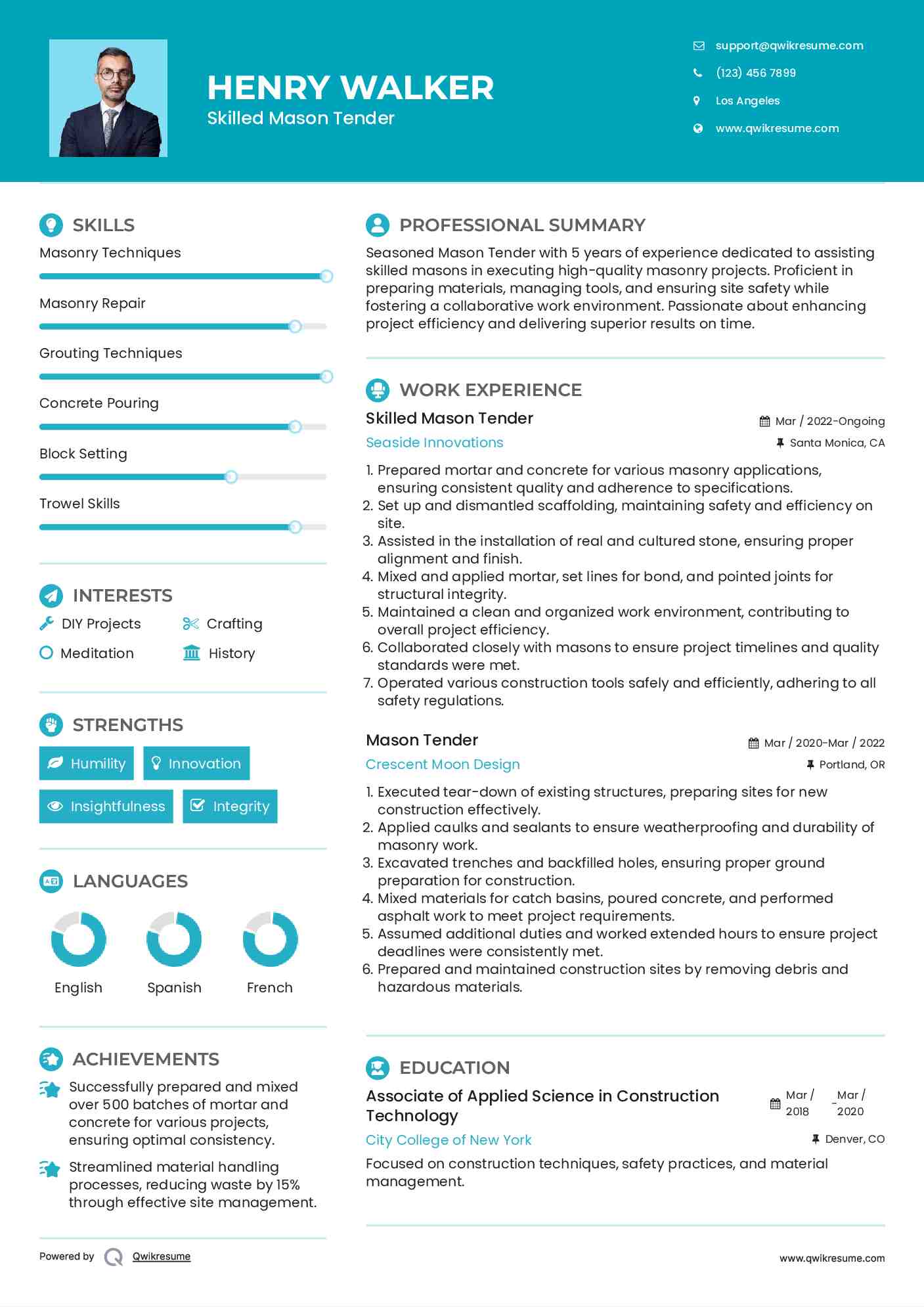 Skilled Mason Tender
 Resume Example