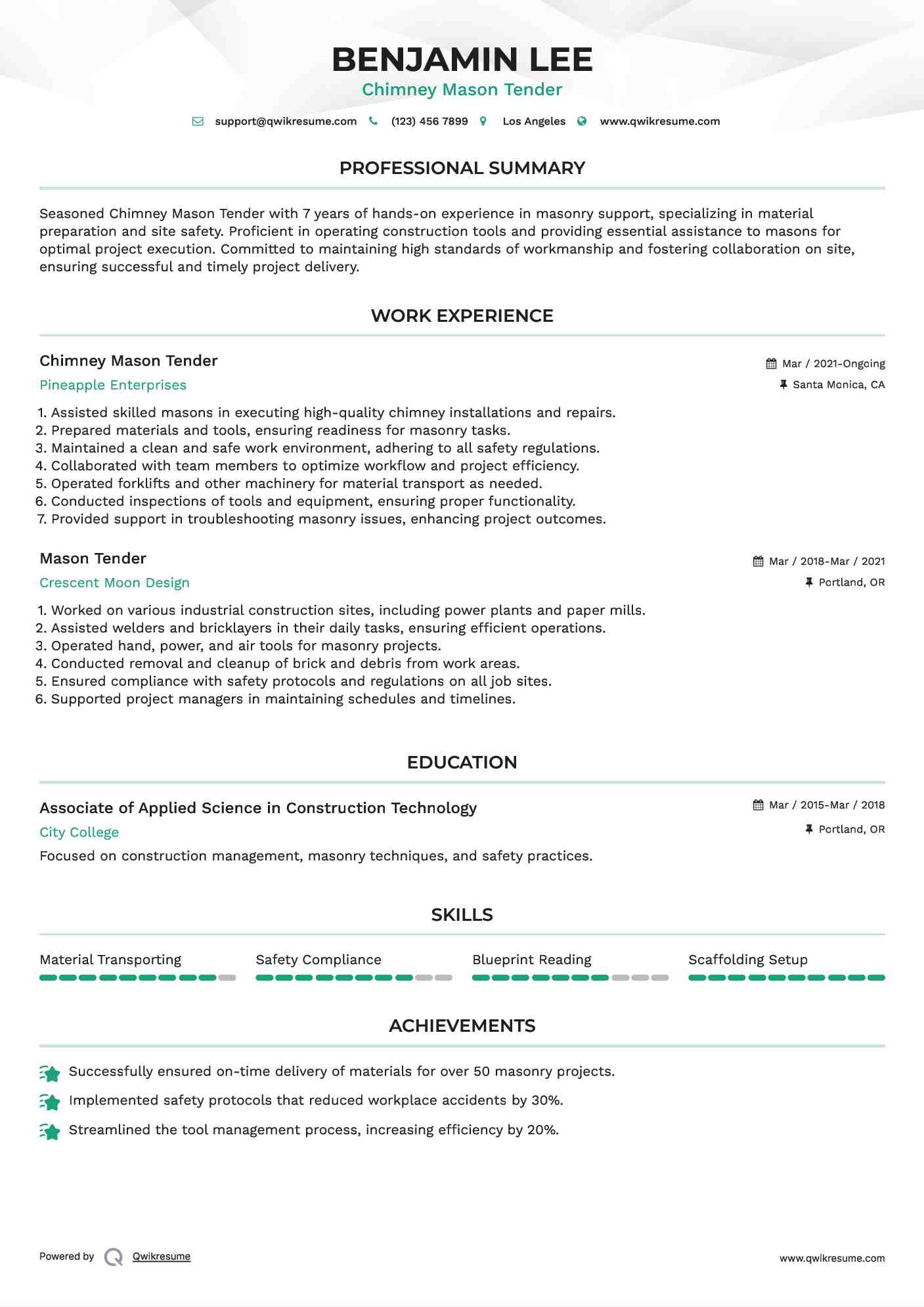 Chimney Mason Tender
 Resume Example