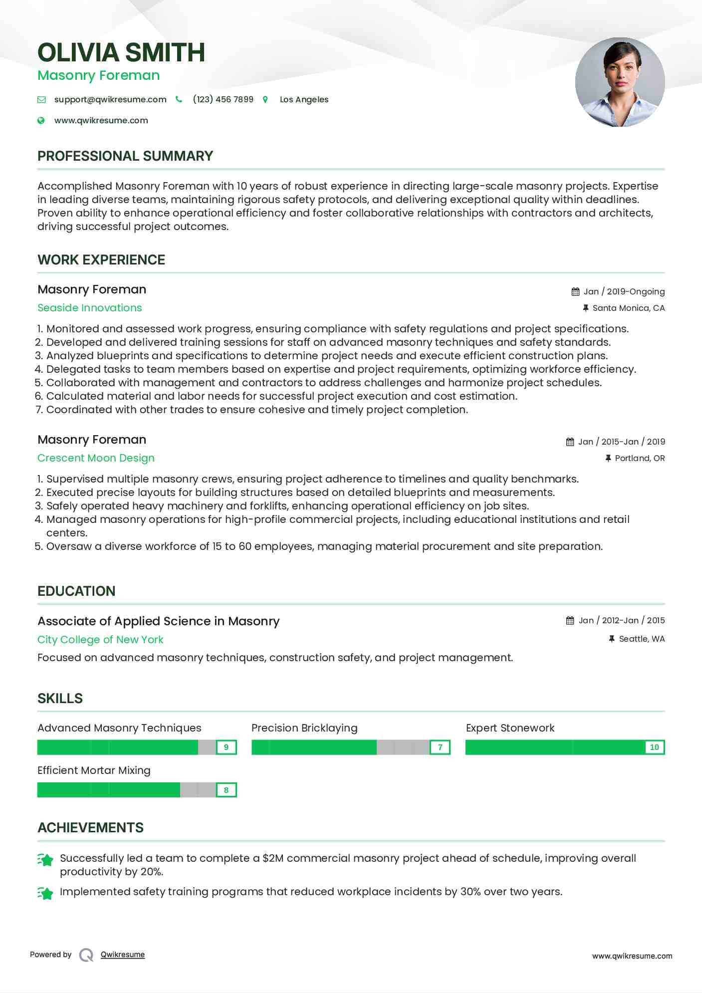 Masonry Foreman Resume Format