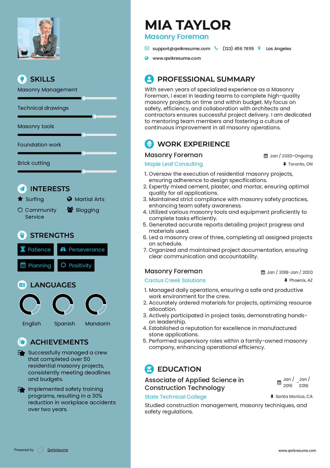 Masonry Foreman Resume Example