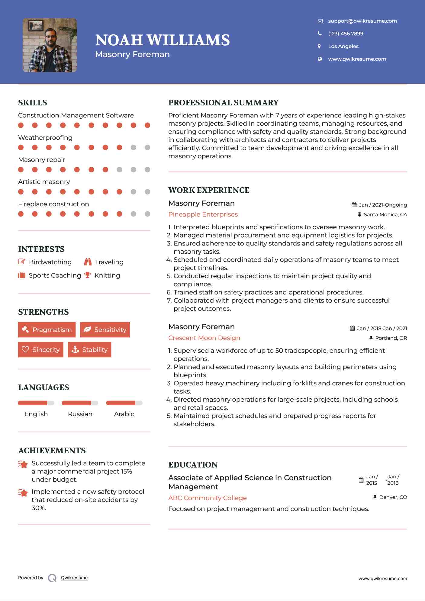 Masonry Foreman Resume Sample