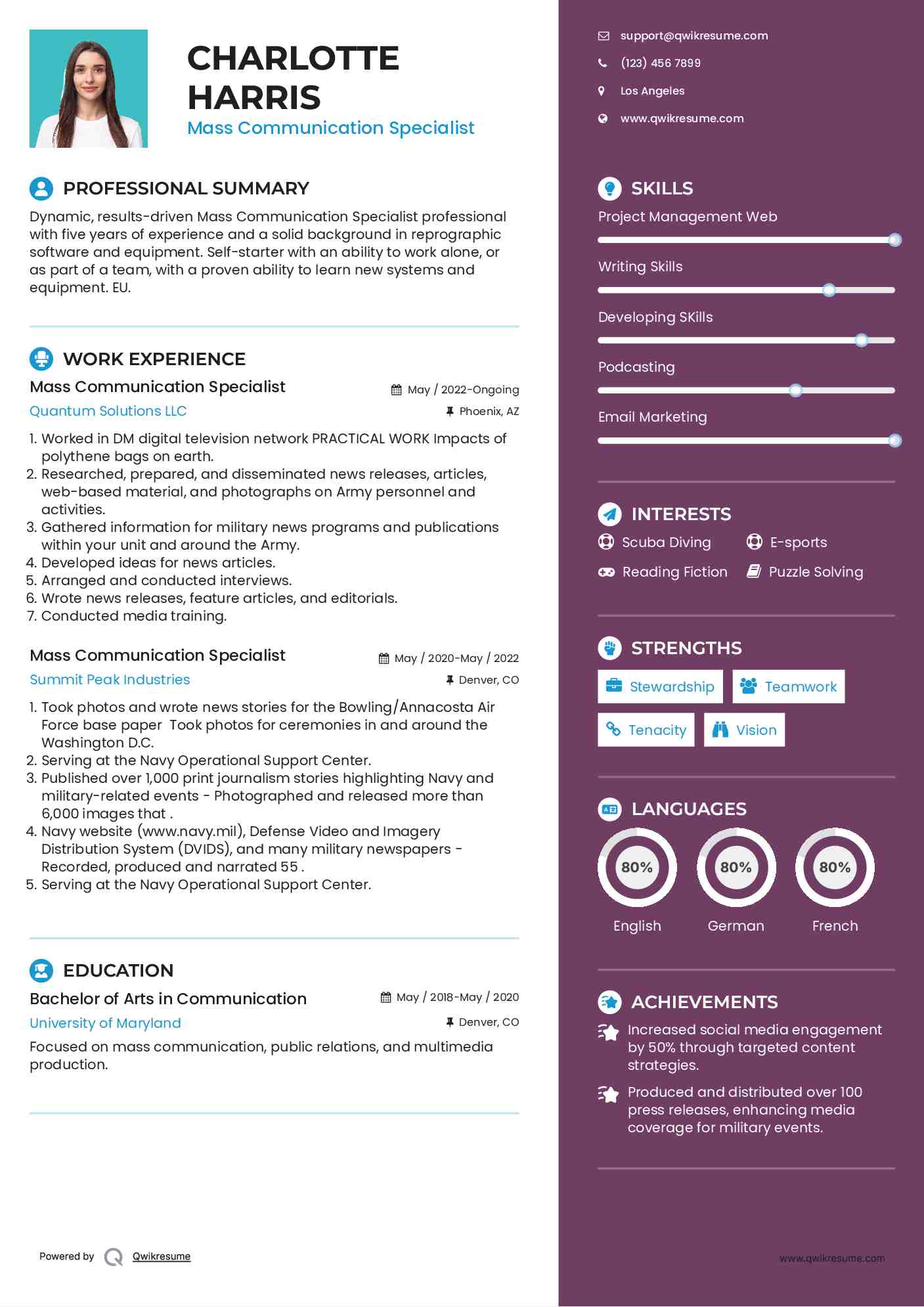 Mass Communication Specialist Resume Example