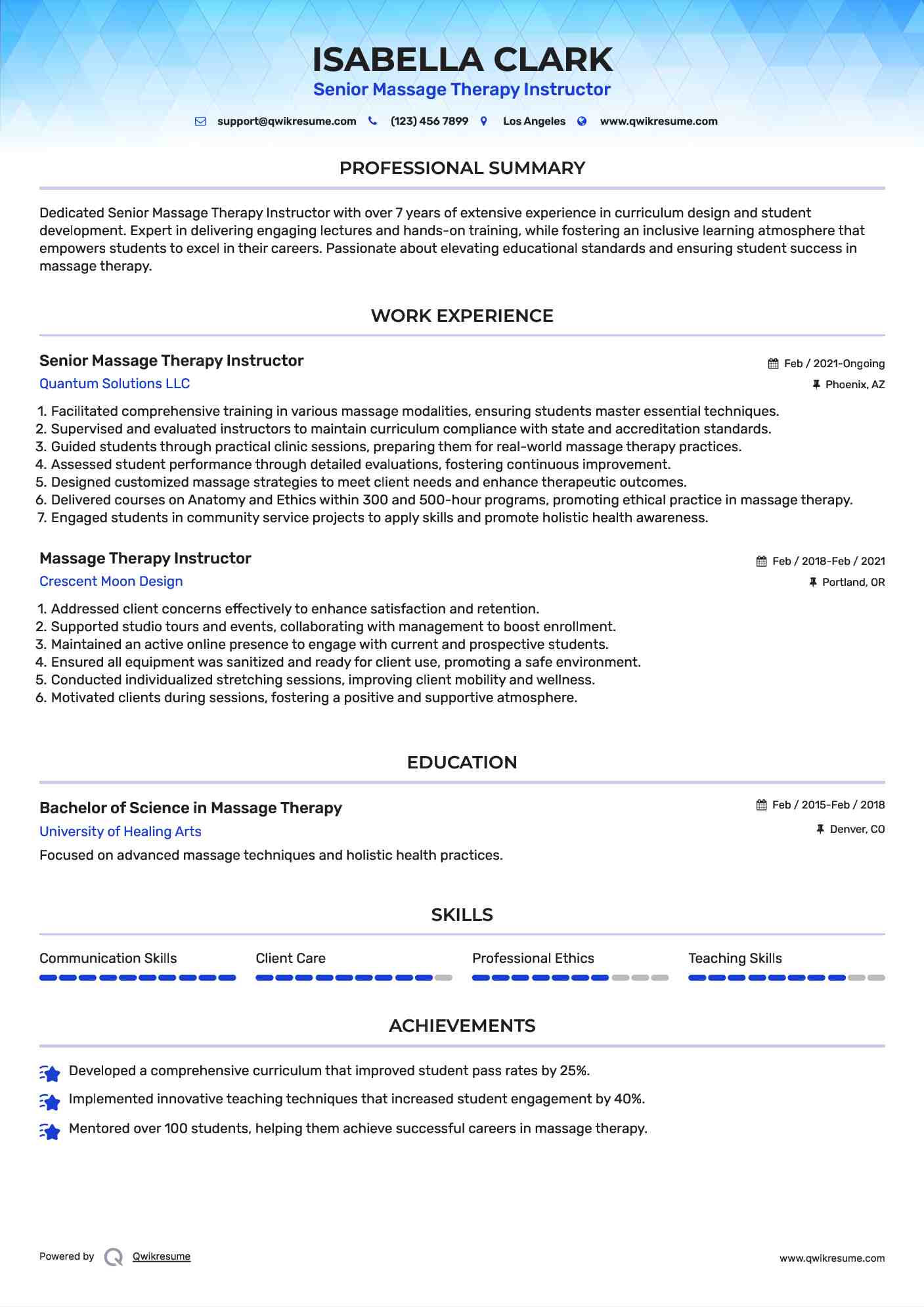 Senior Massage Therapy Instructor  Resume Example