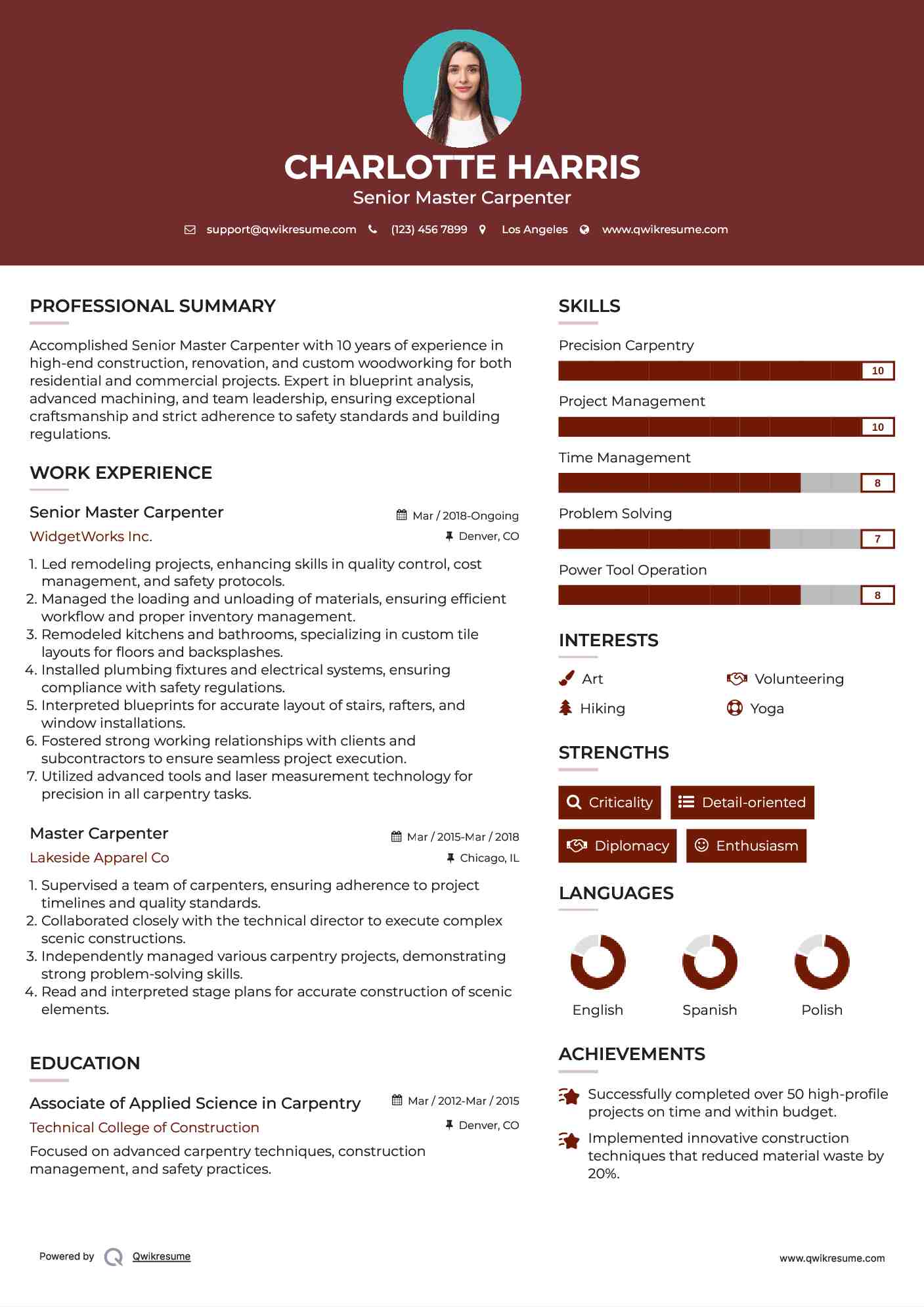 Senior Master Carpenter Resume Example