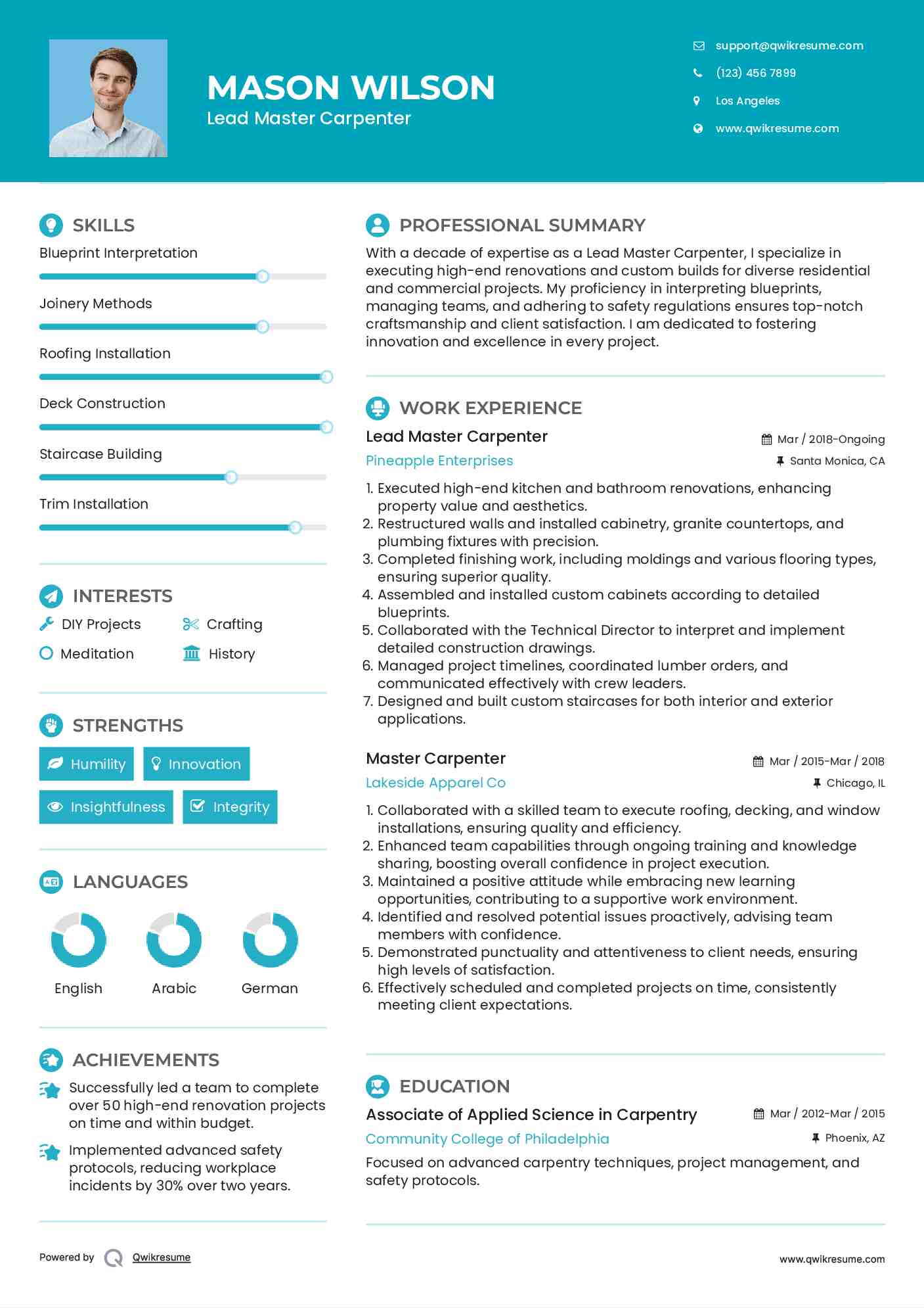 Lead Master Carpenter Resume Example