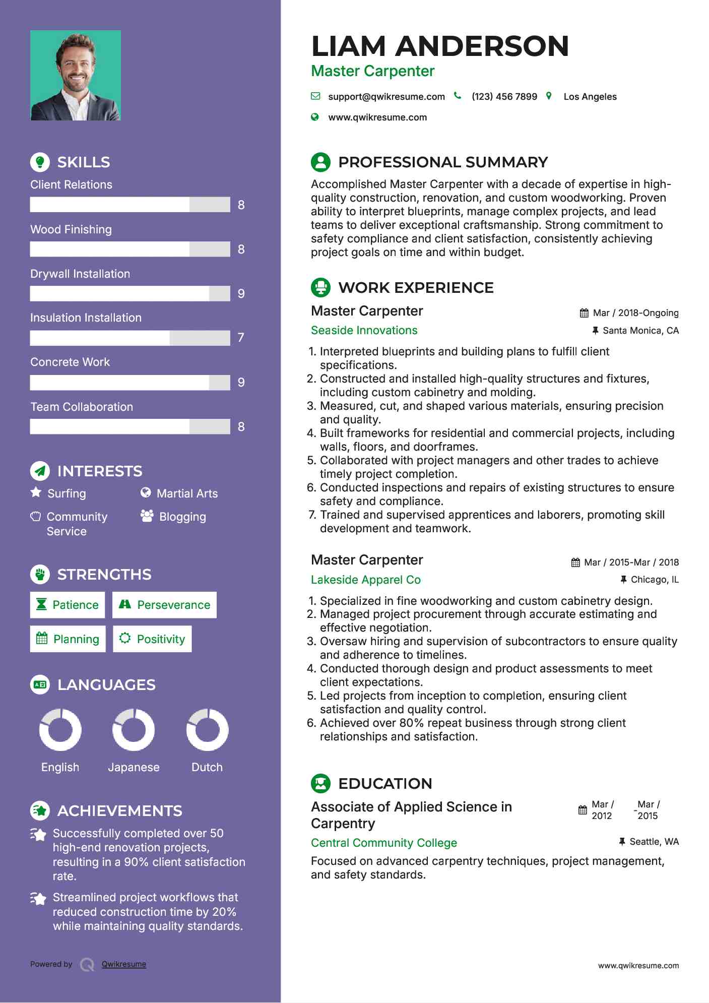 Master Carpenter Resume Sample