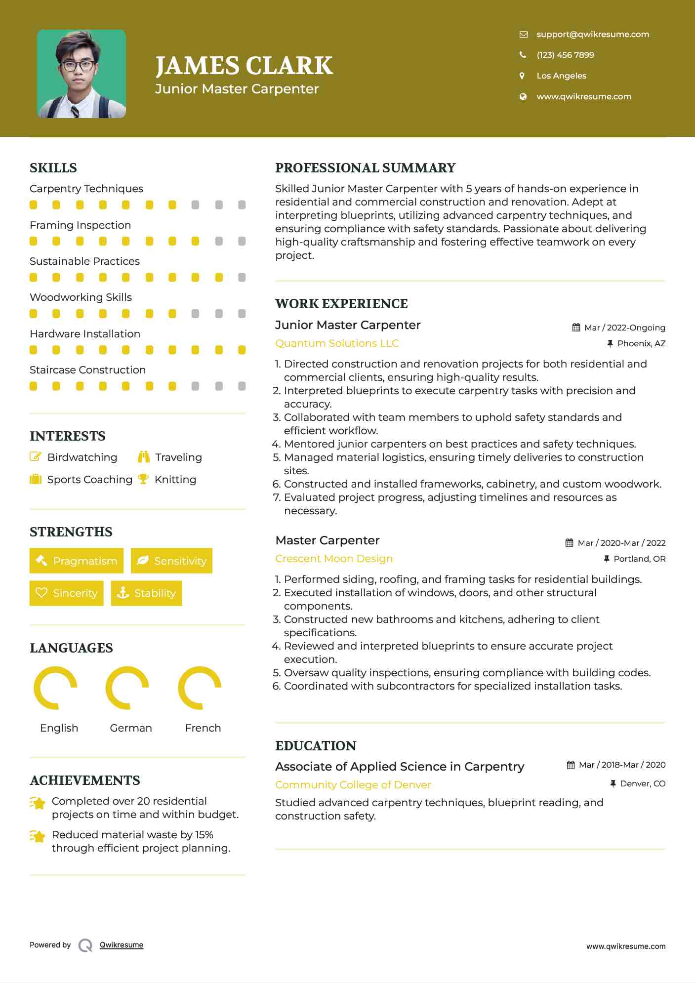 Junior Master Carpenter Resume Sample