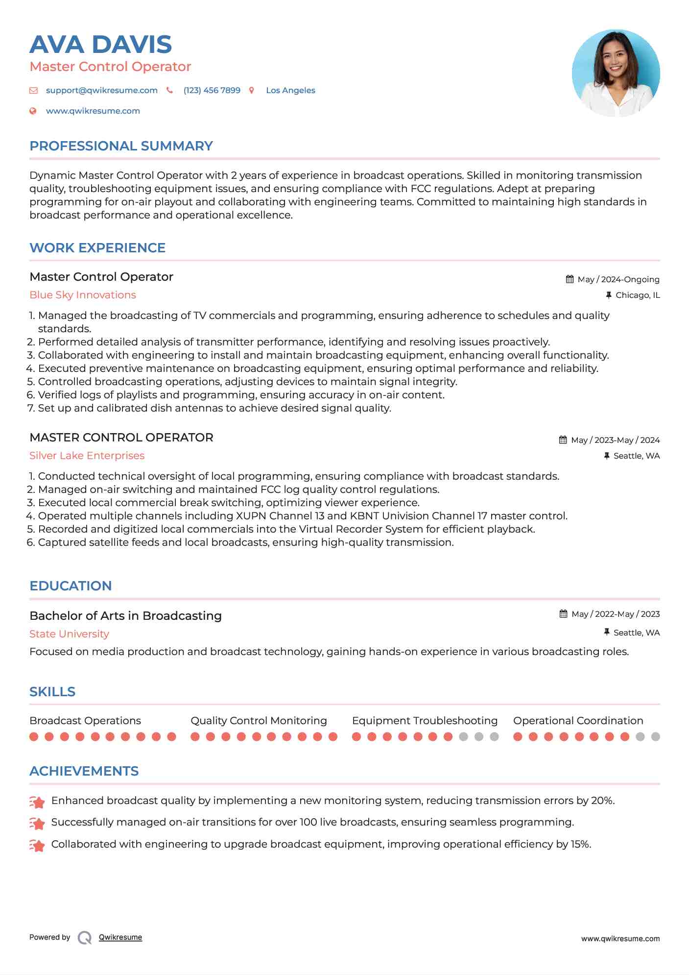 Master Control Operator Resume Samples QwikResume