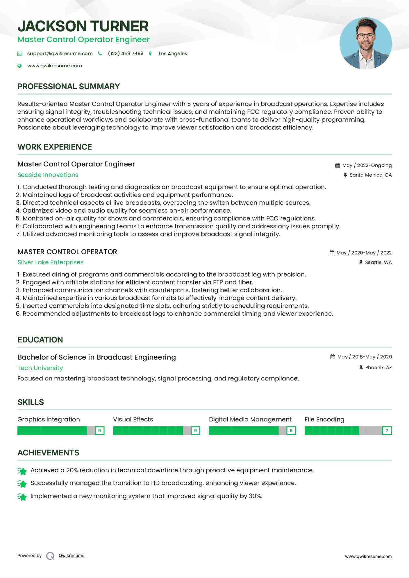 Master Control Operator Engineer Resume Model