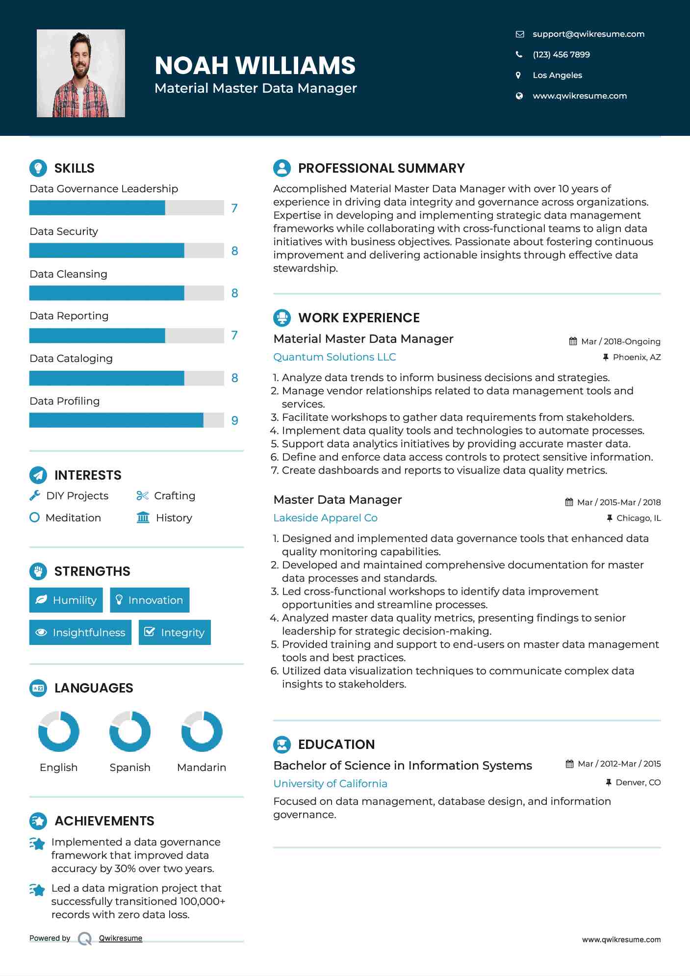 Material Master Data Manager Resume Sample
