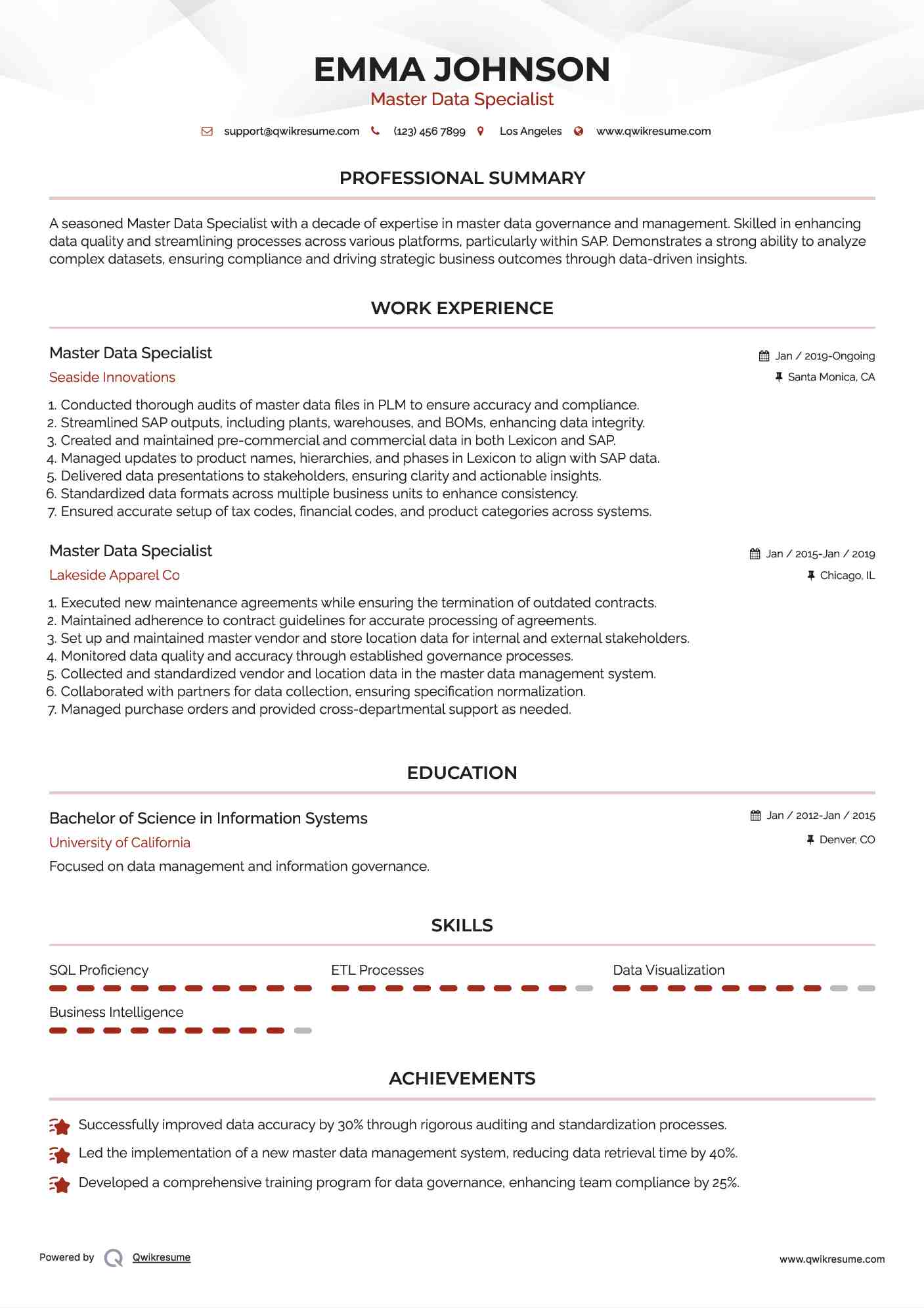 Master Data Specialist Resume Template