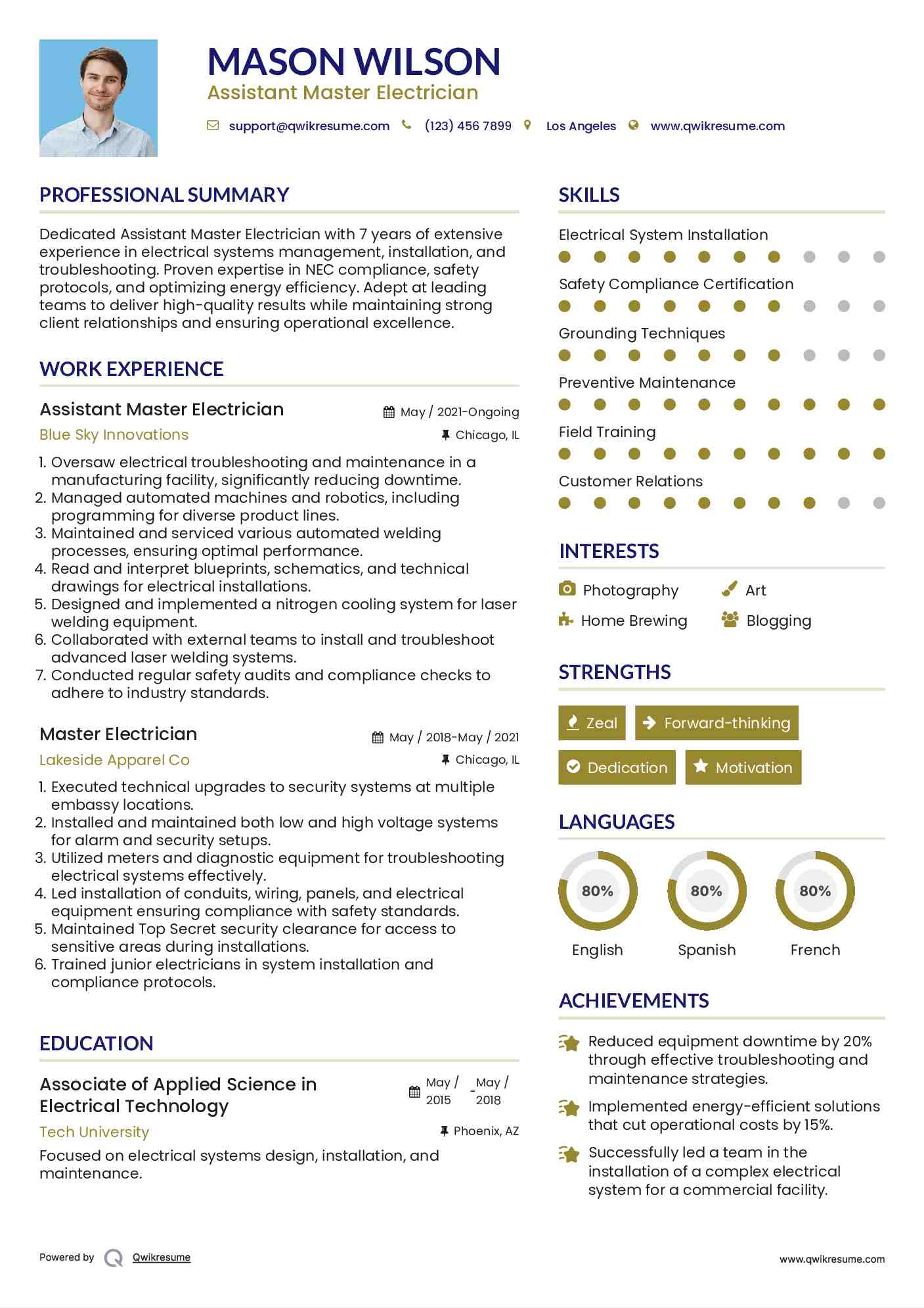 Assistant Master Electrician Resume Sample
