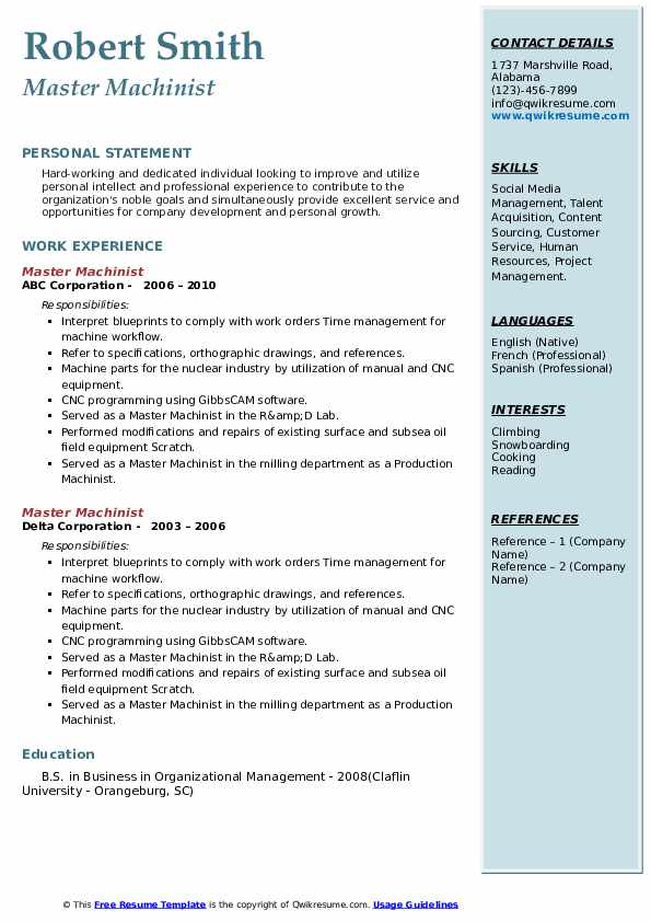 Master Machinist Resume Samples - Master Machinist 1633111570 Pdf