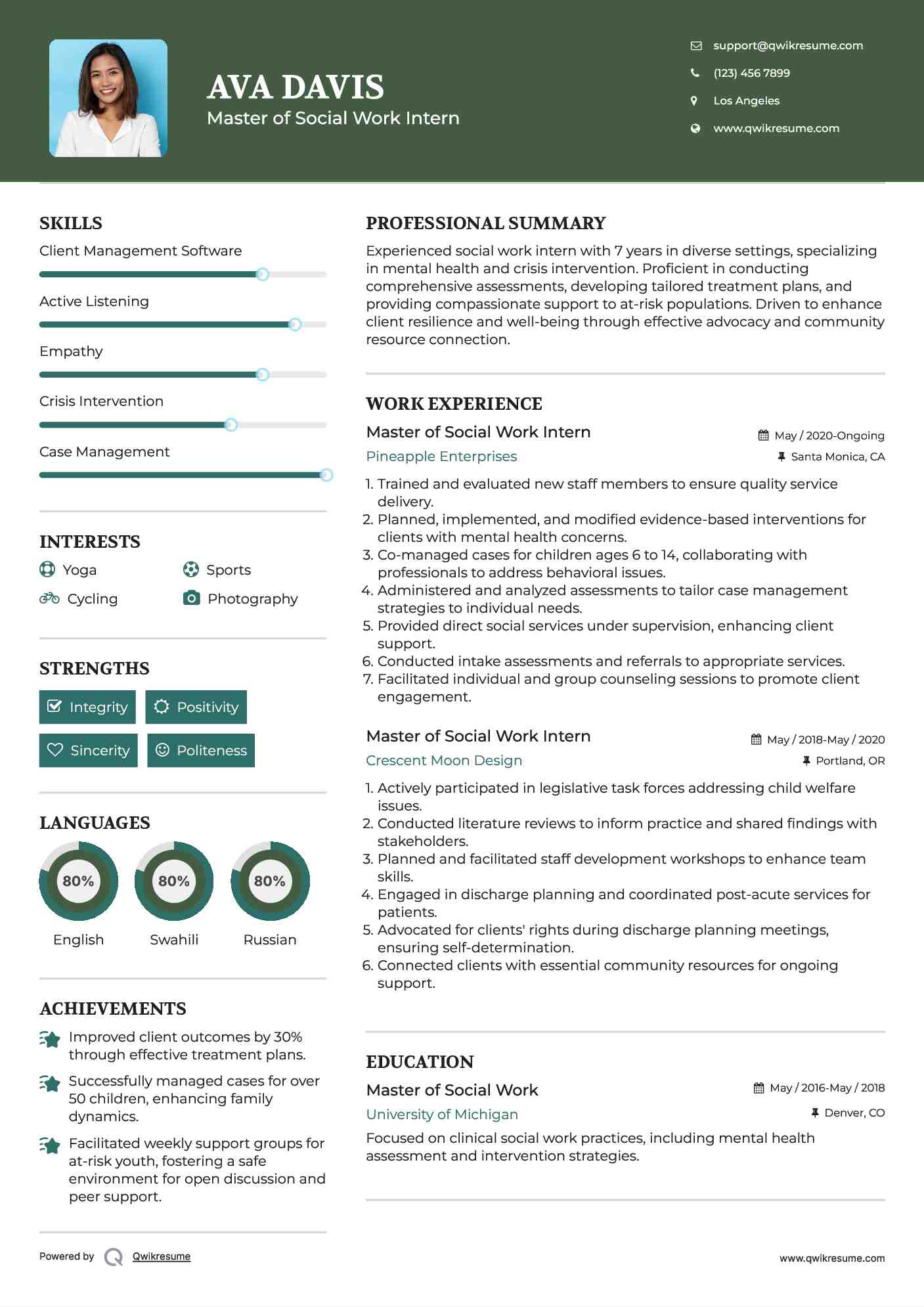 Master of Social Work Intern Resume Template