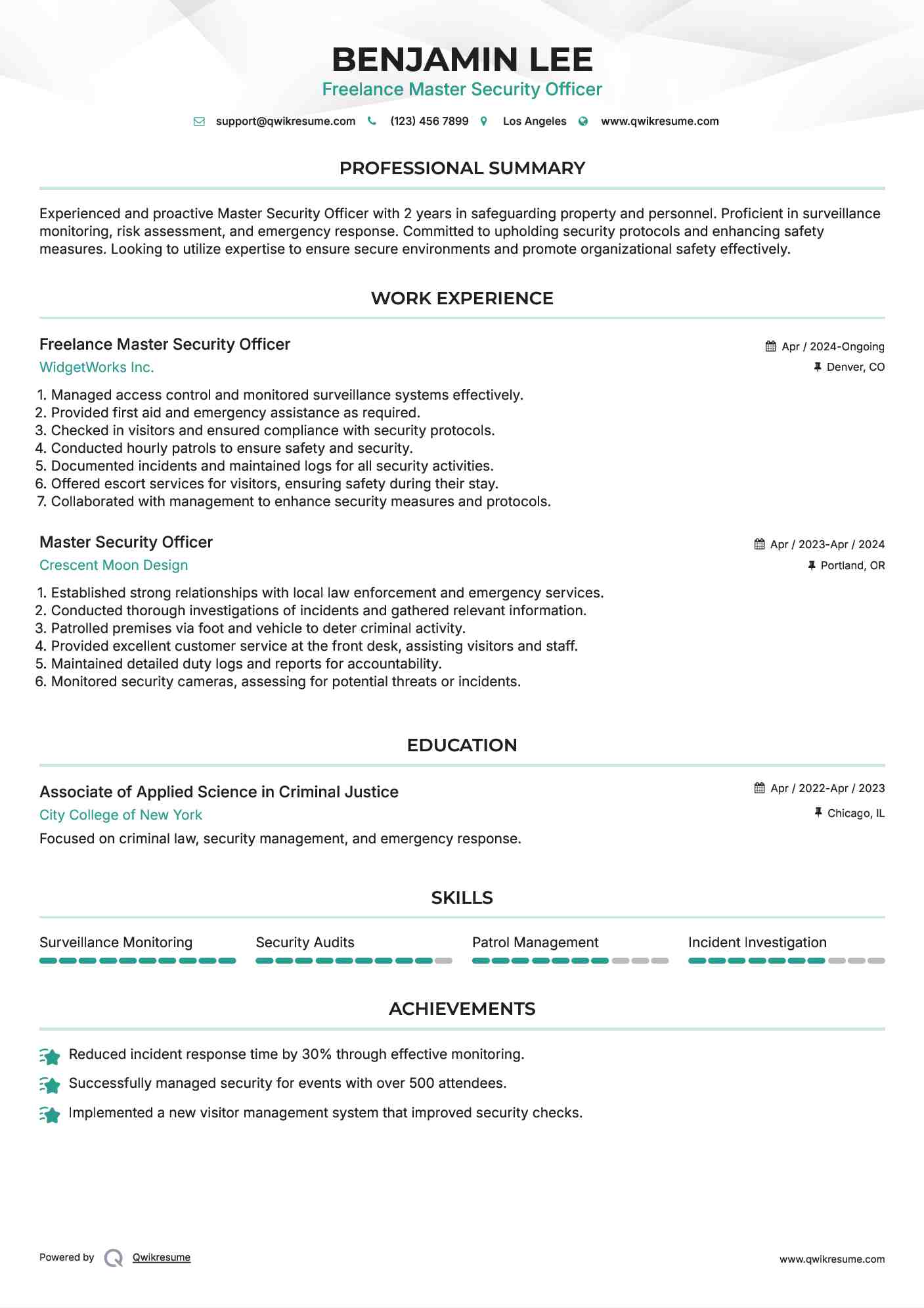 Freelance Master Security Officer Resume Sample