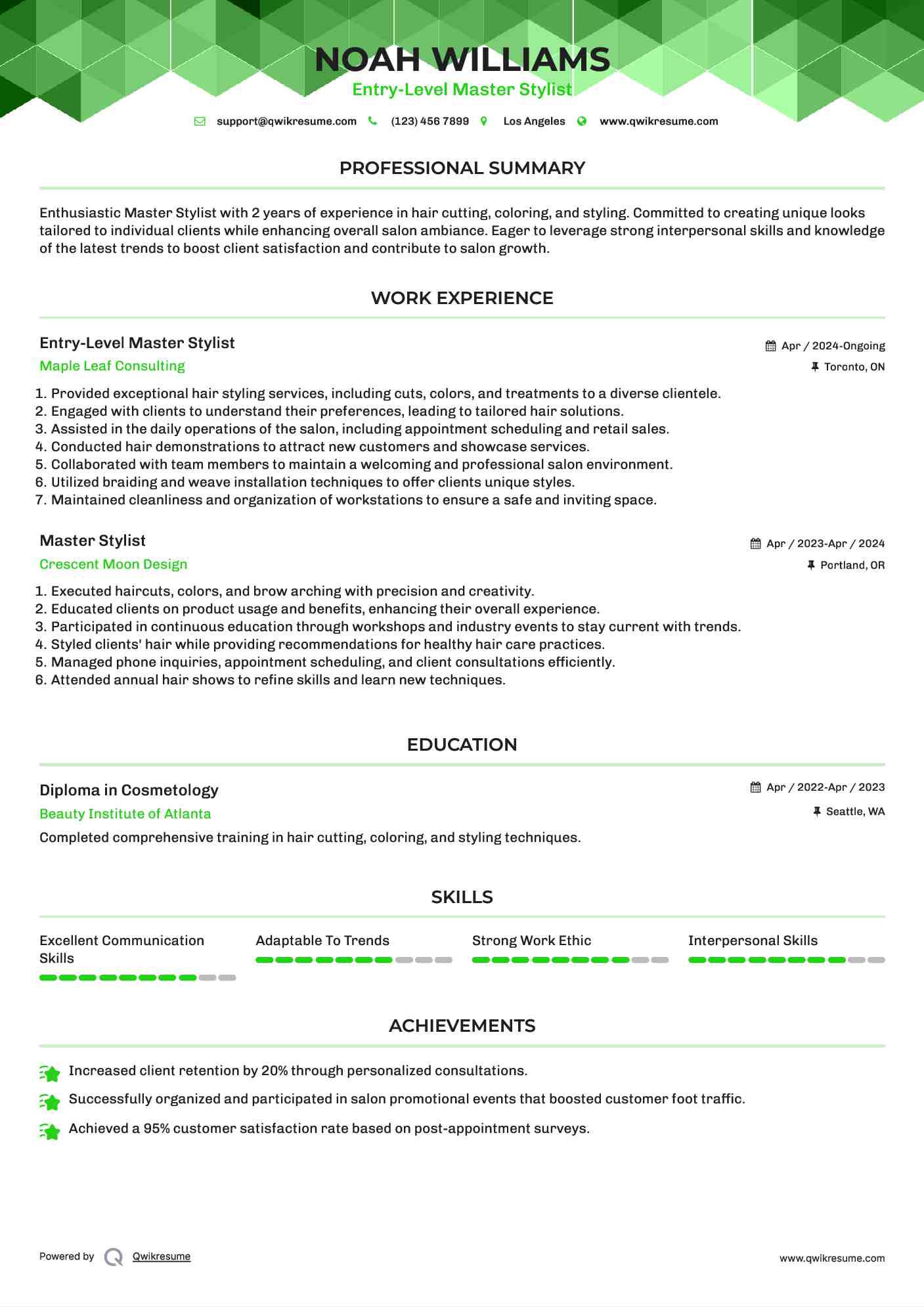 Entry-Level Master Stylist Resume Model