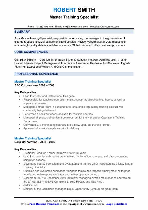 Master Training Specialist Resume Samples QwikResume