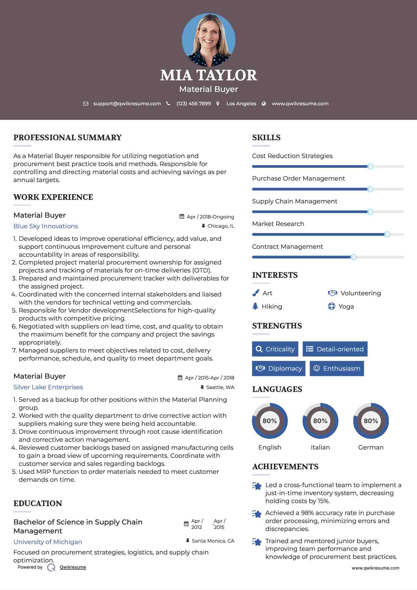 Material Buyer Resume Sample