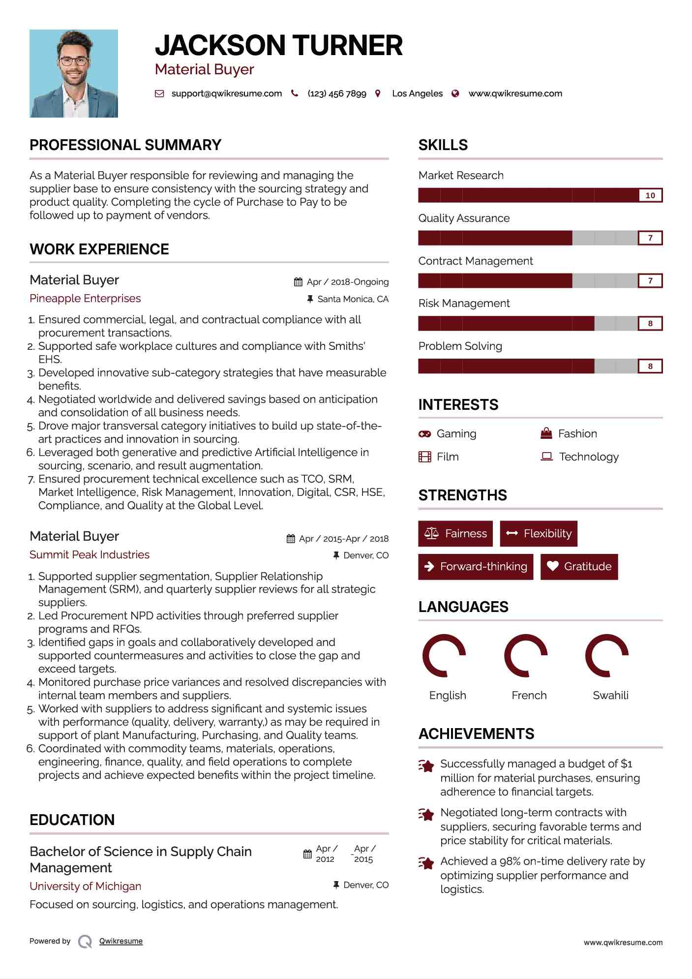 Material Buyer Resume Format