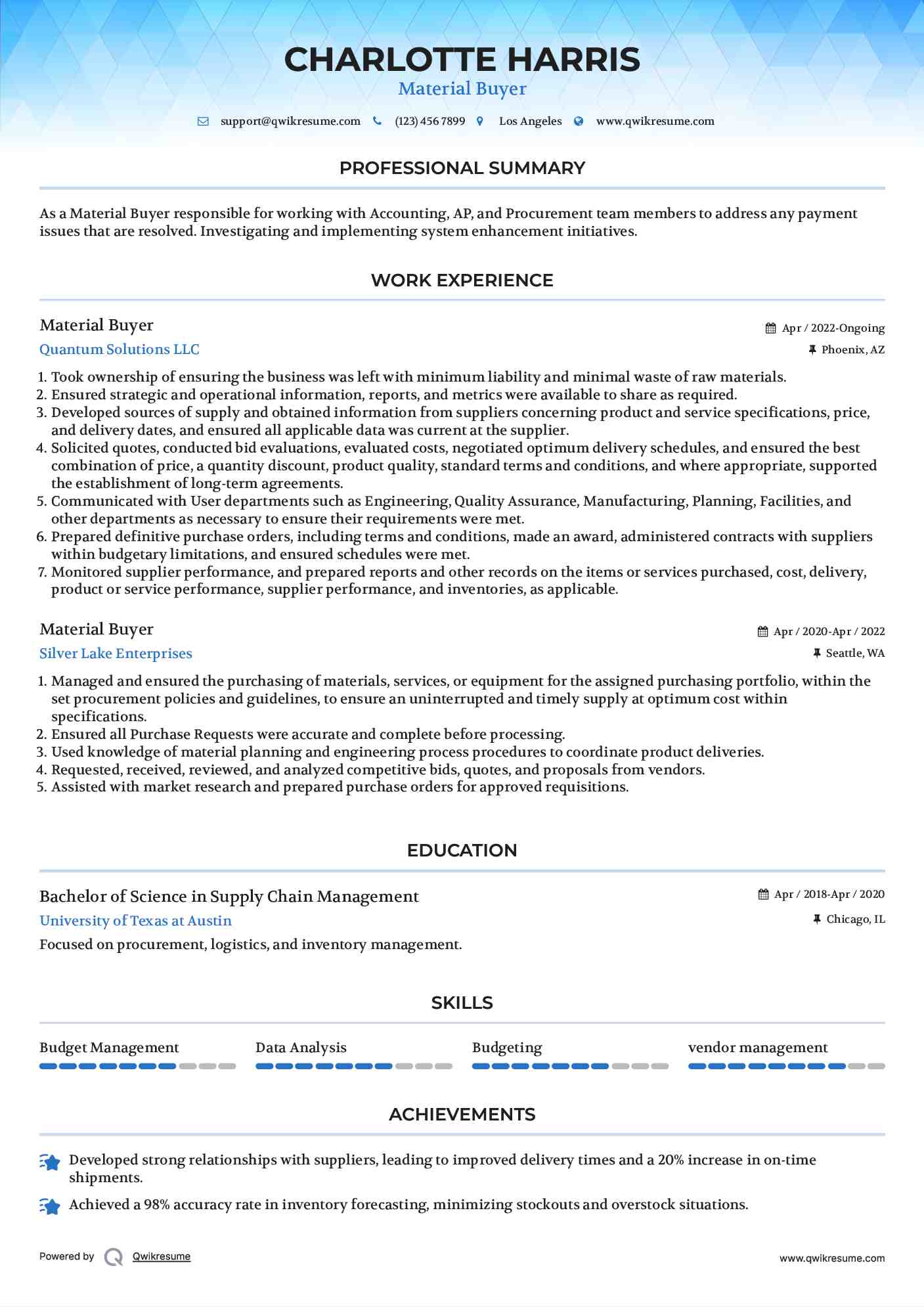 Material Buyer Resume Sample