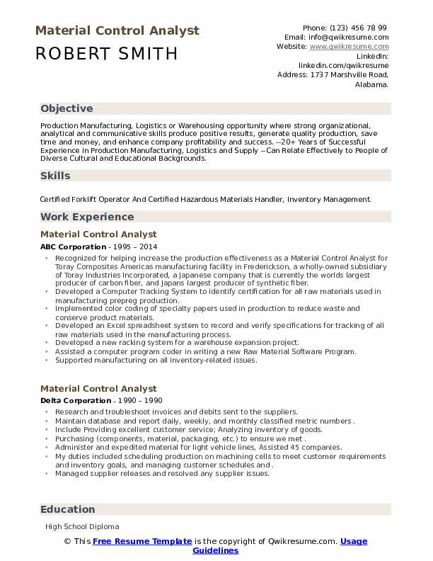 Material Control Analyst Resume Samples QwikResume