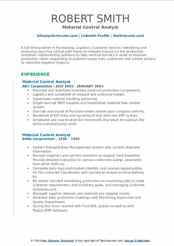 Material Control Analyst Resume Samples QwikResume