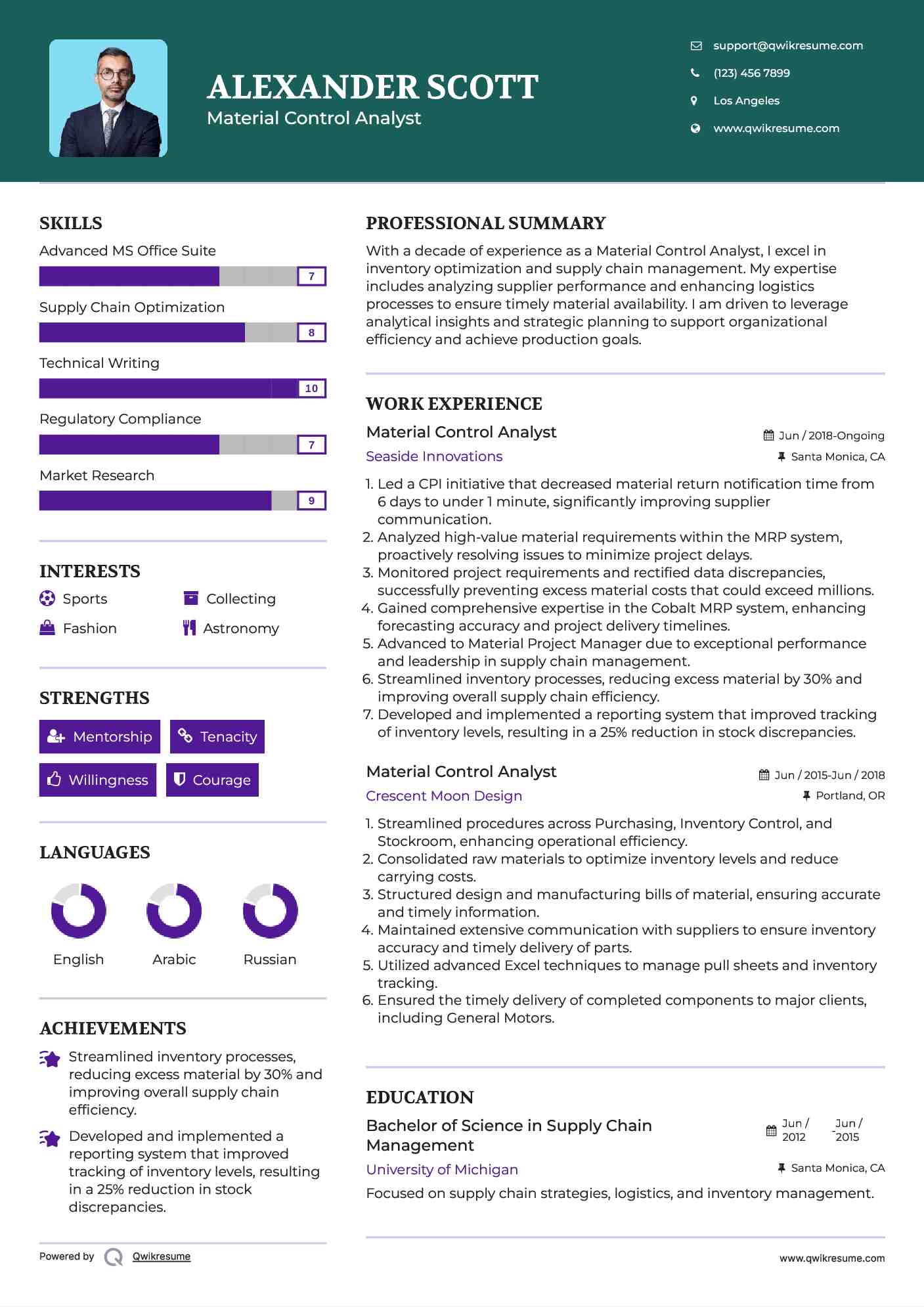 Material Control Analyst Resume Samples QwikResume