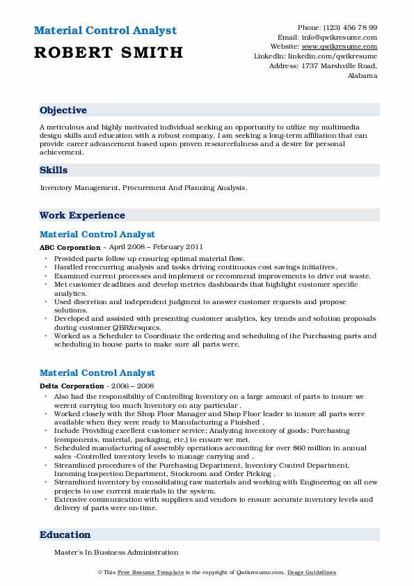 Material Control Analyst Resume Samples QwikResume