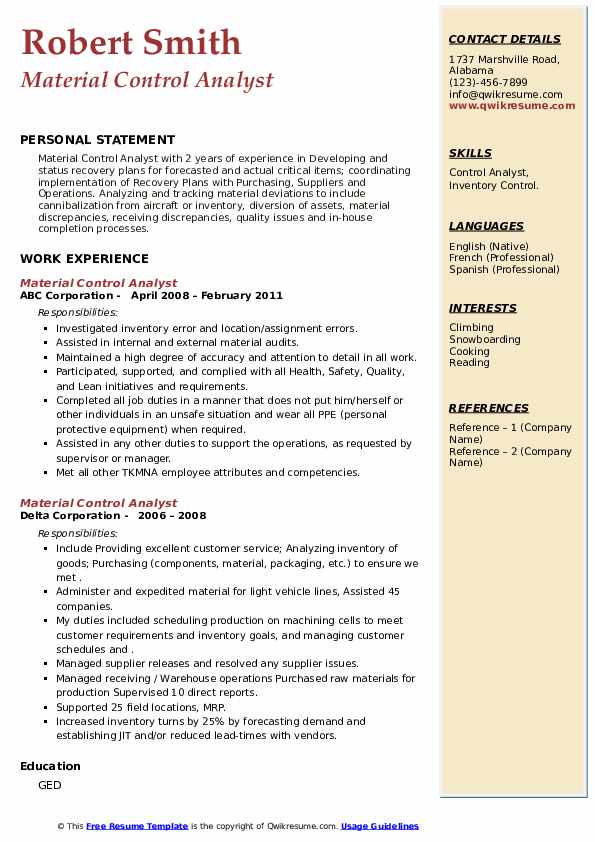 Material Control Analyst Resume Samples QwikResume
