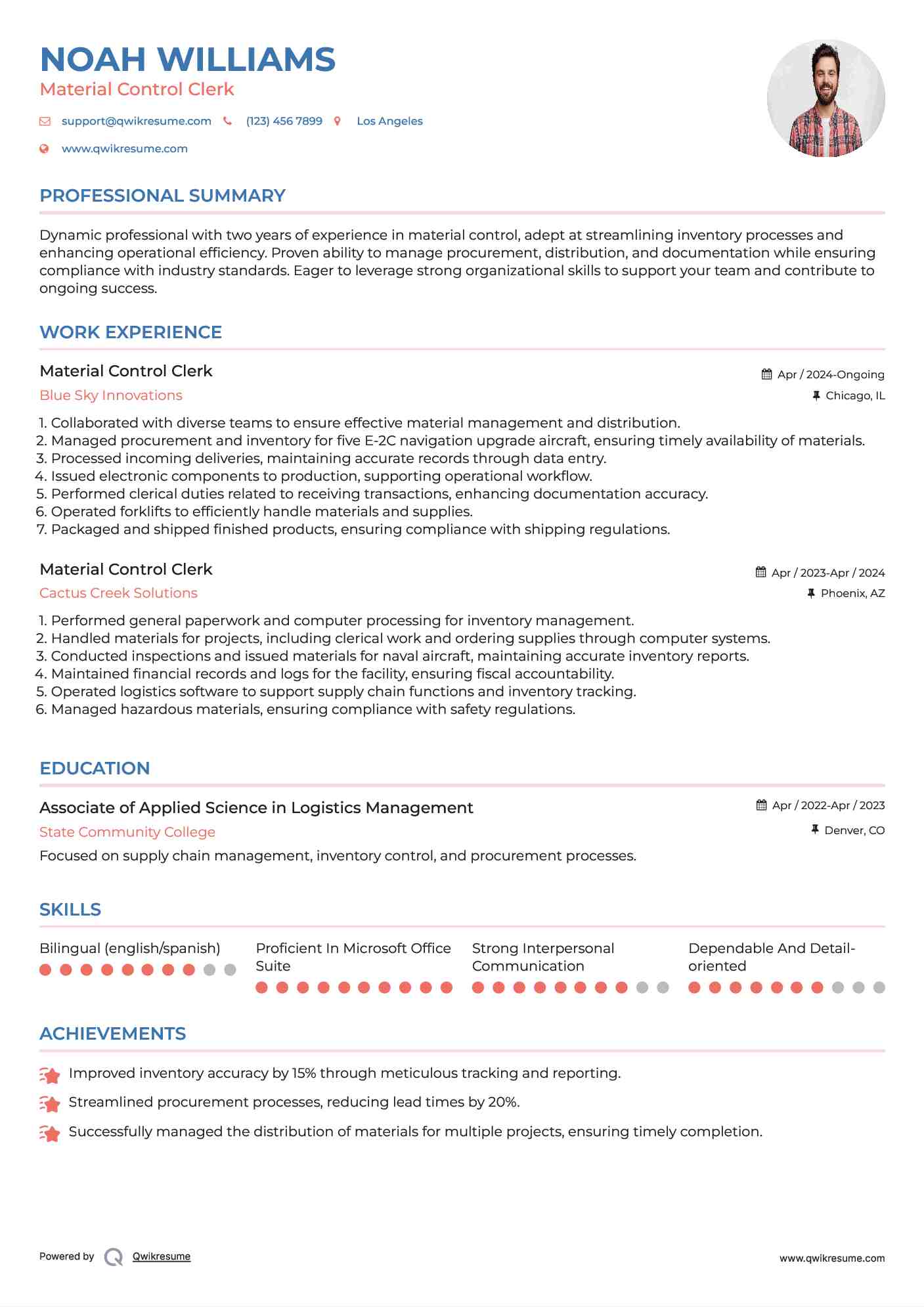 Material Control Clerk Resume Example