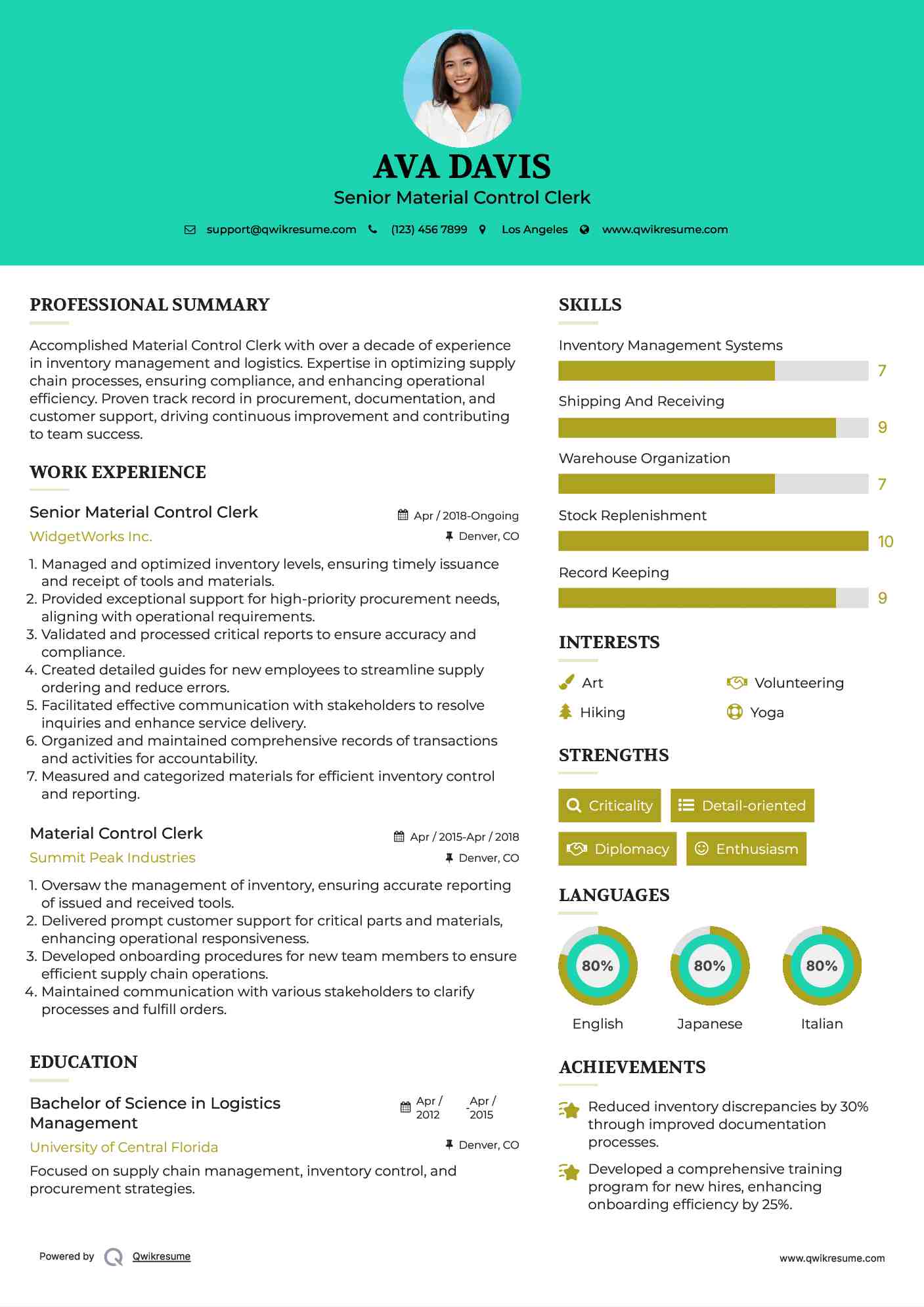 Material Control Clerk Resume Samples QwikResume