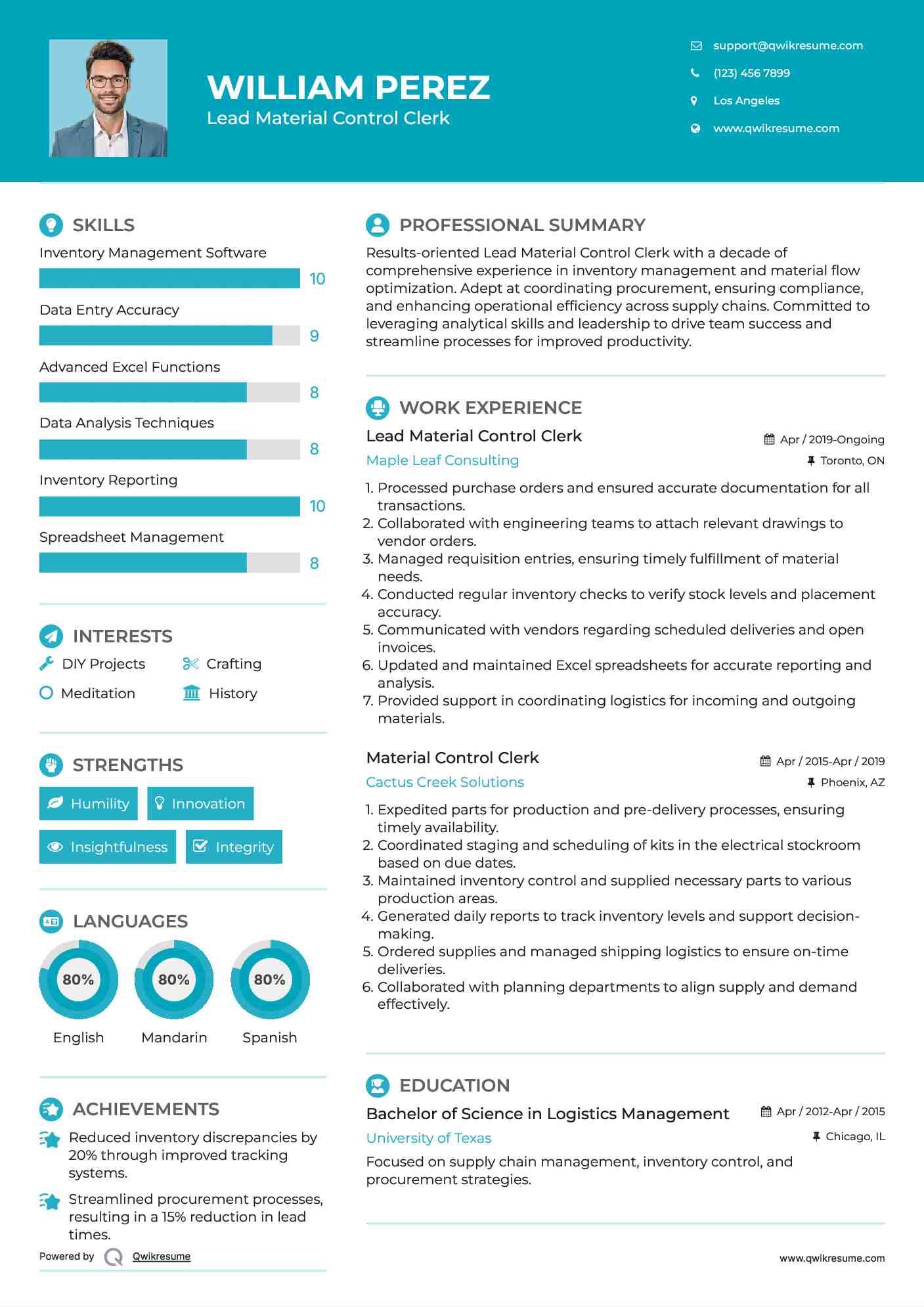 Lead Material Control Clerk Resume Template
